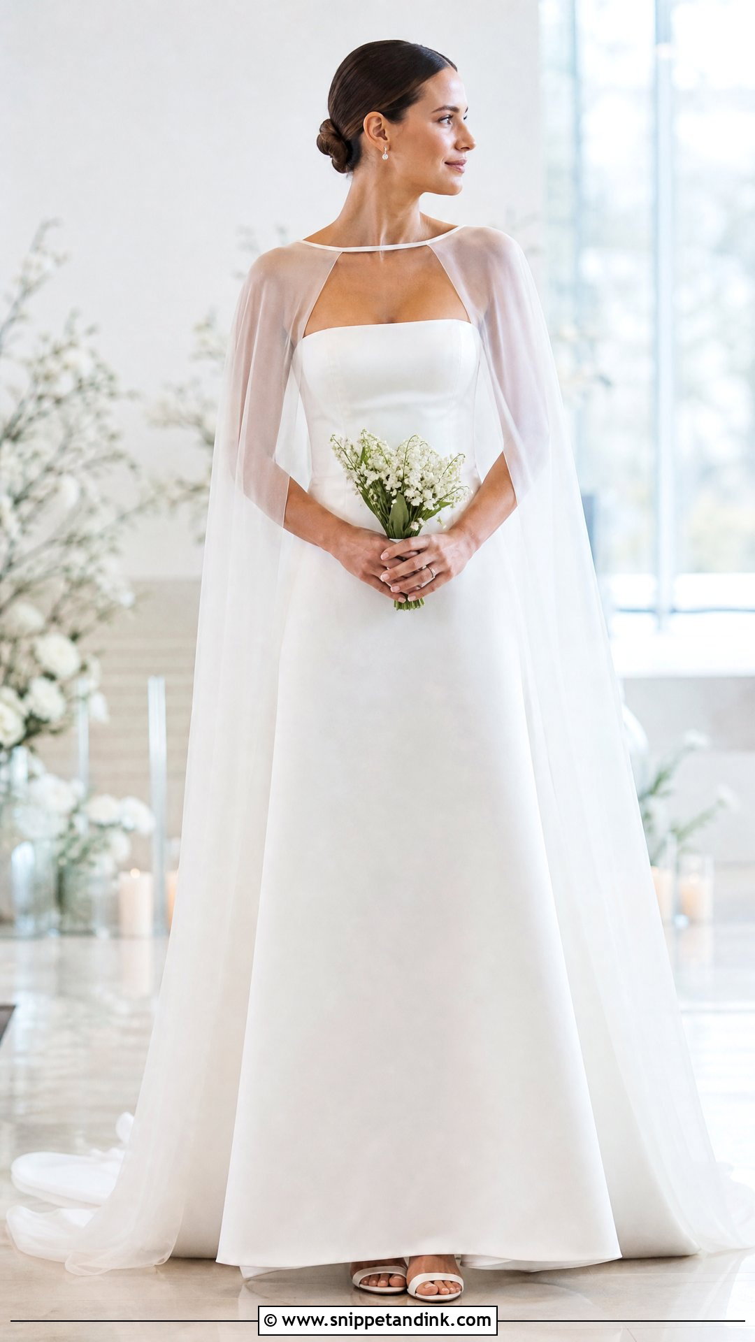 Simple Minimal A Line Wedding Dress With Bridal Cape - Snippet and Ink - 25 Simple a Line Wedding Dress Ideas