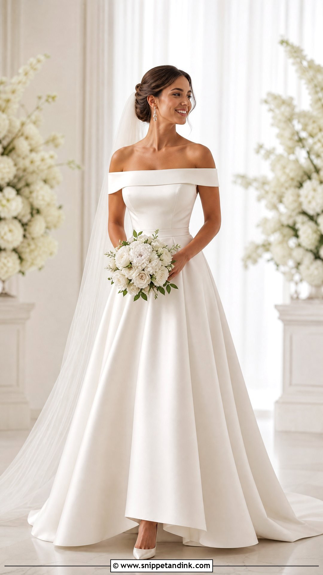 Simple Off Shoulder A Line Wedding Dress With Drop Earrings - Snippet and Ink - 25 Simple a Line Wedding Dress Ideas