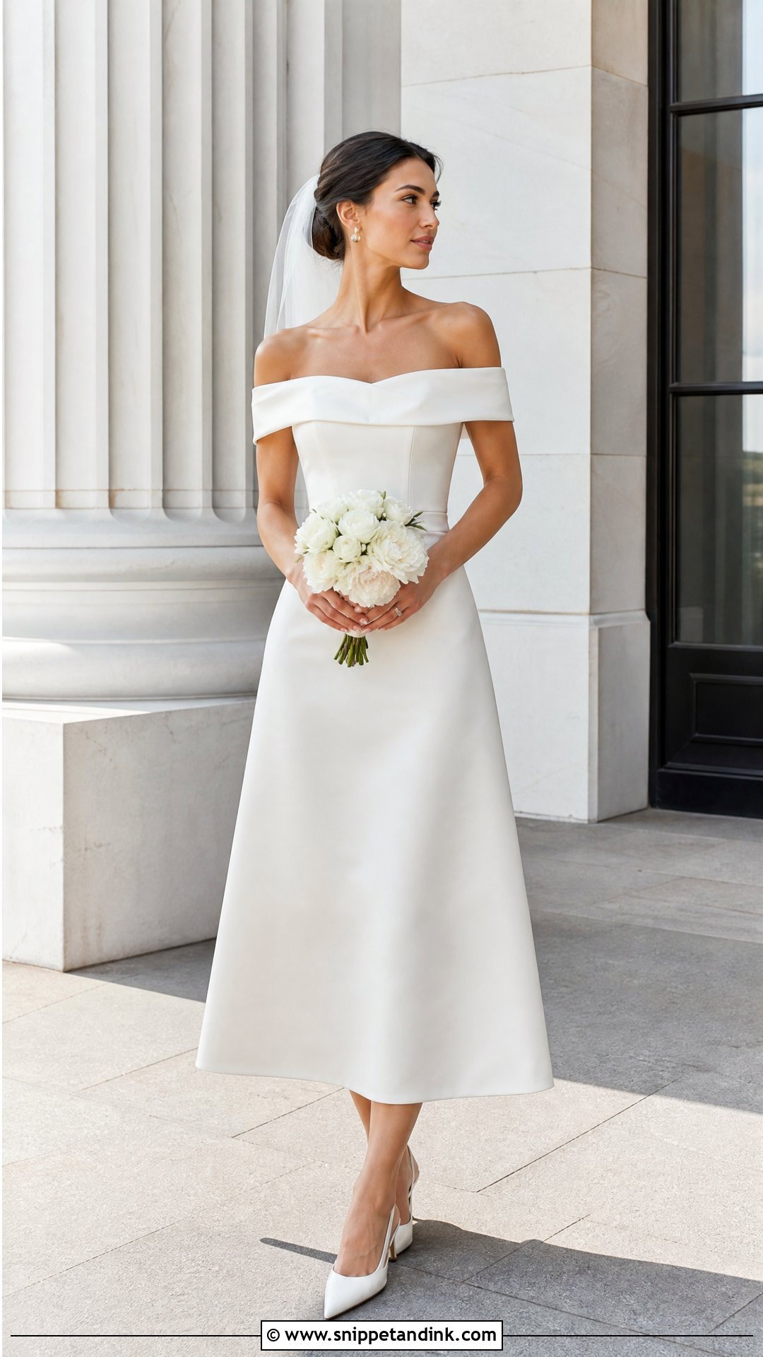 Simple Off Shoulder Tea Length Wedding Dress - Snippet and Ink - 20 Simple Off Shoulder Wedding Dress Ideas