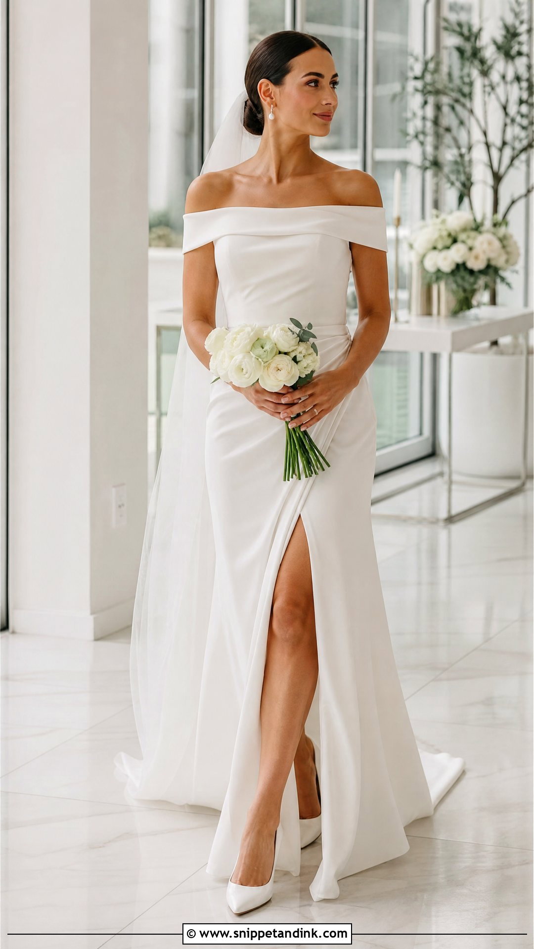 Simple Off Shoulder Wedding Dress With Slit - Snippet and Ink - 20 Simple Off Shoulder Wedding Dress Ideas