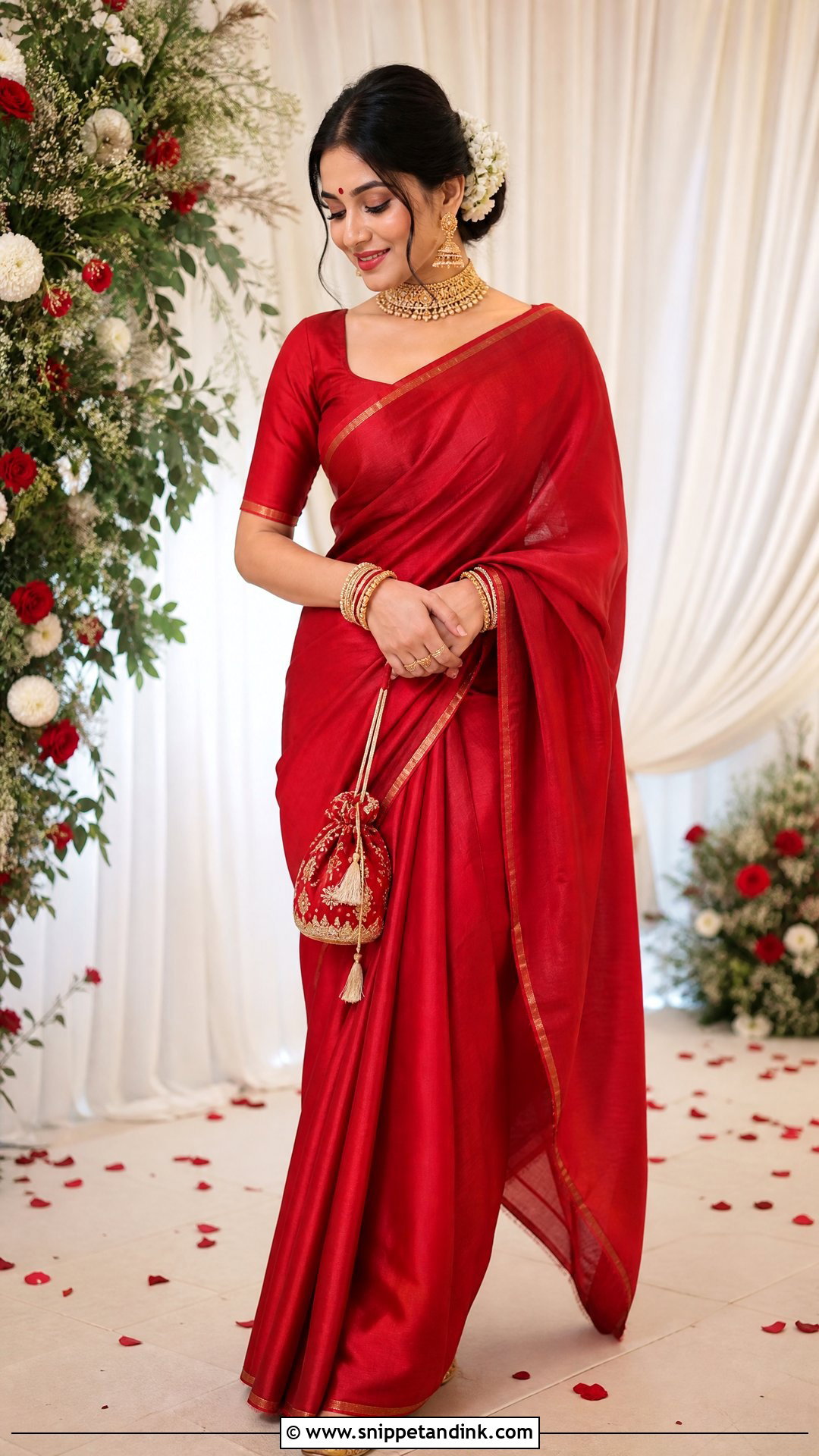 Simple Red Silk Bengali Bride Look - Snippet and Ink - 20 Simple Bengali Bride Ideas