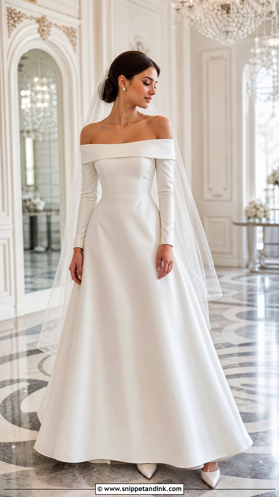 Simple Satin A Line Off the Shoulder Wedding Dress - Snippet and Ink - 20 Simple Long Wedding Dress with Off the Shoulder Sleeves