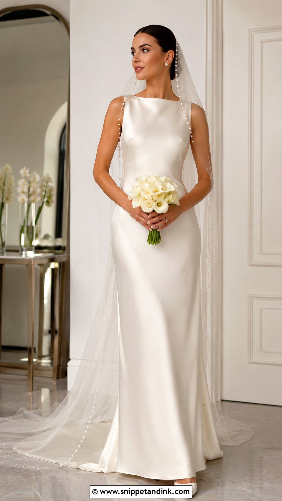 Simple Satin Bridal Dress With Pearl Veil - Snippet and Ink - 25 Simple Bridal Dress Ideas