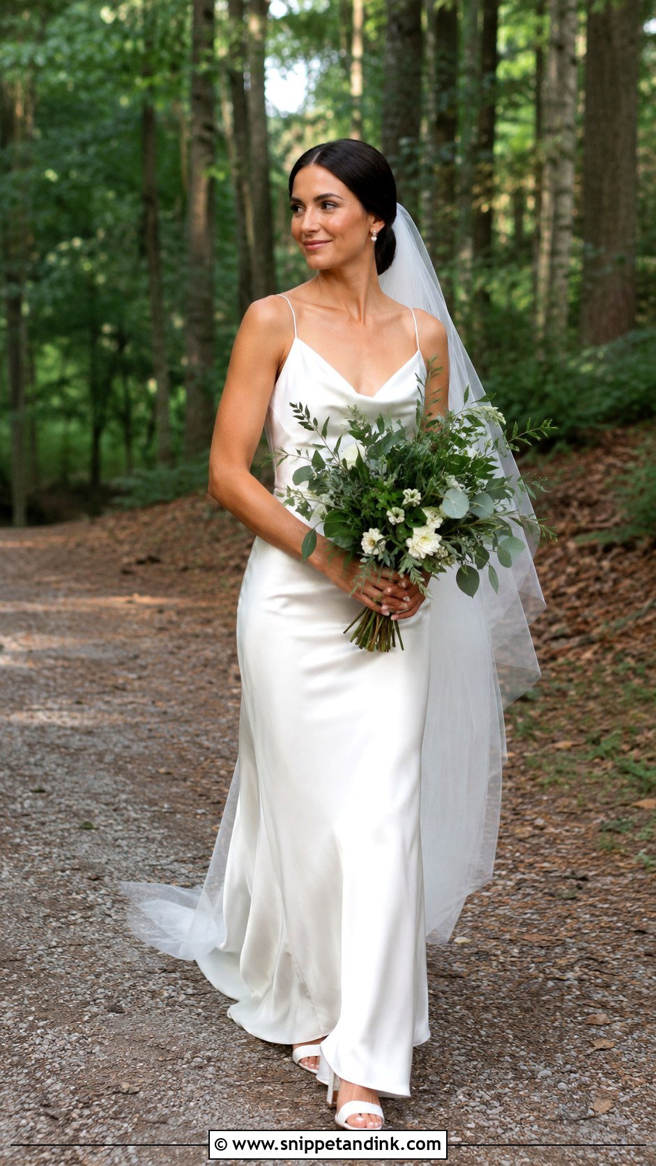 Simple Satin Wedding Dress With Greenery Bouquet - Snippet and Ink - 25 Woodsy Wedding Dress Ideas