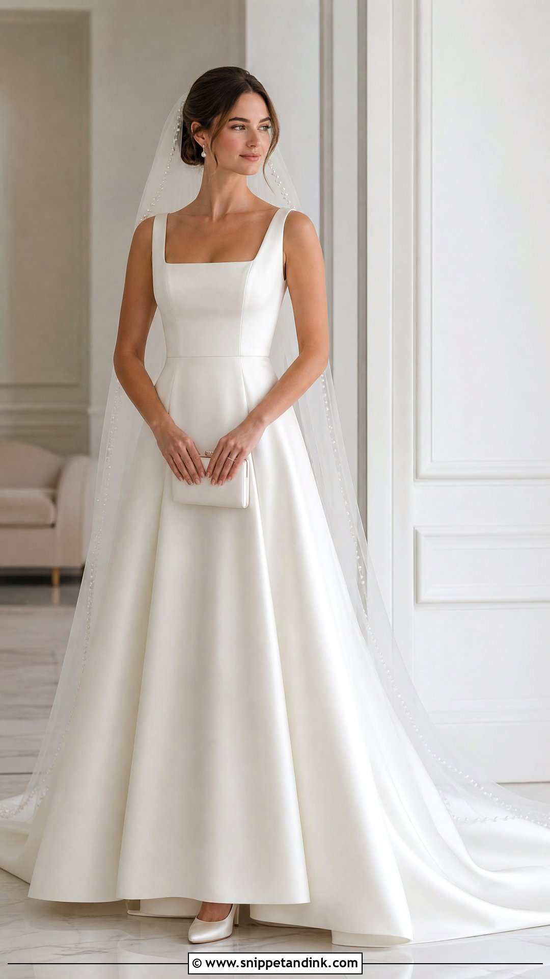 Simple Satin Wedding Gown With Pearl Veil - Snippet and Ink - 20 Traditional Wedding Gown Ideas