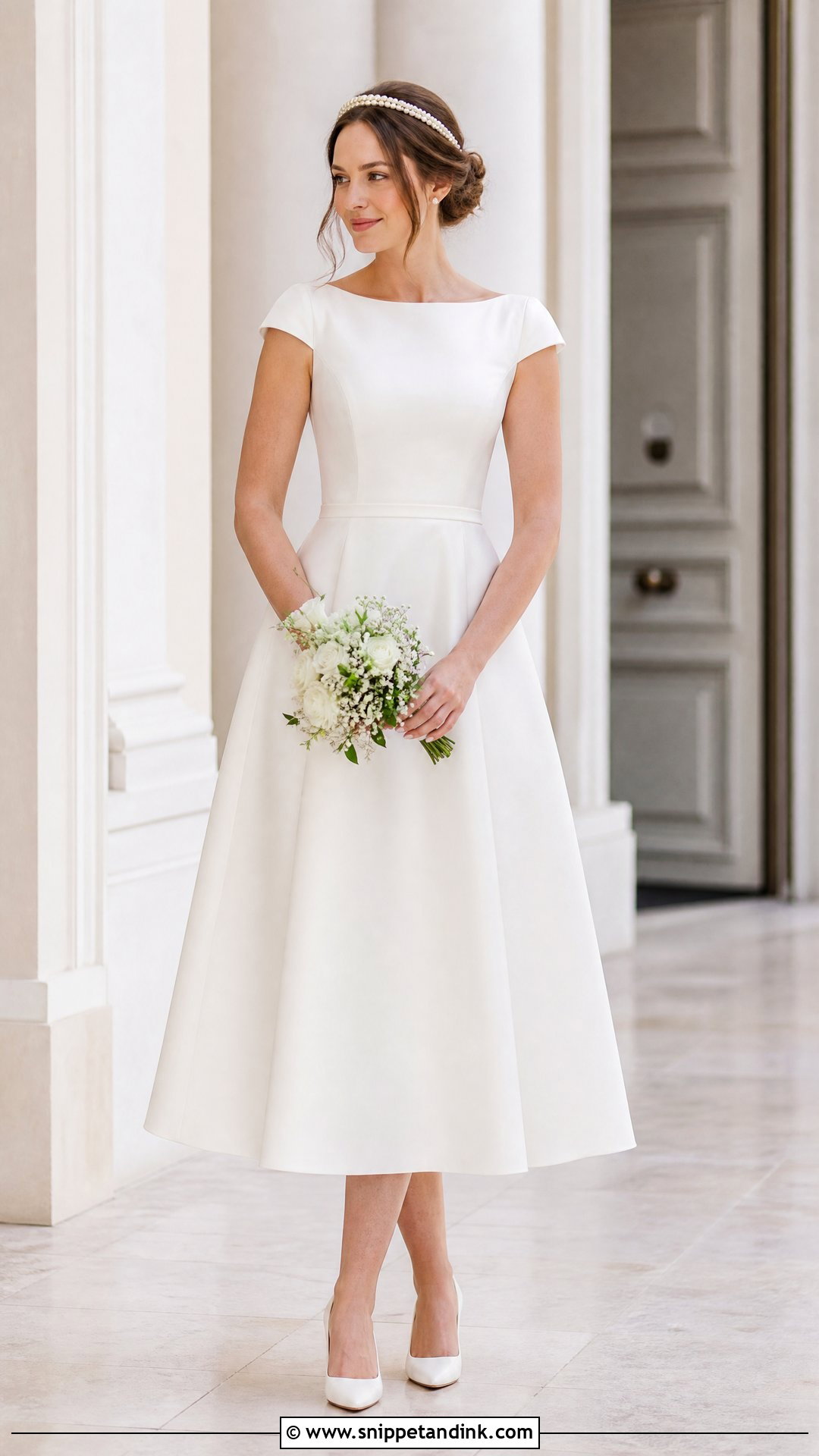 Simple Short Sleeve A Line Wedding Dress With Pearl Headband - Snippet and Ink - 25 Simple a Line Wedding Dress Ideas