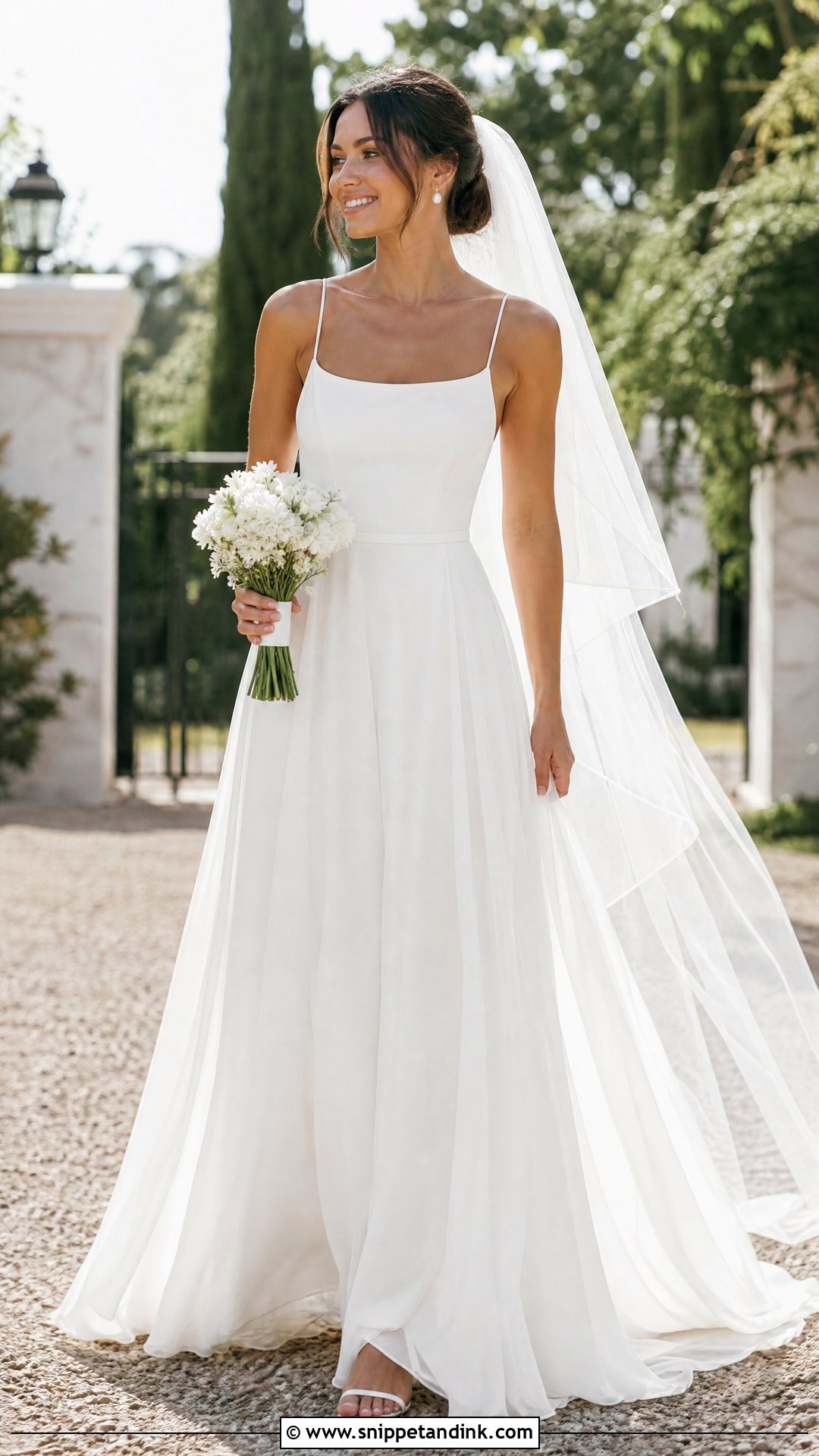 Simple Spaghetti Strap A Line Wedding Dress With Layered Veil - Snippet and Ink - 25 Simple a Line Wedding Dress Ideas