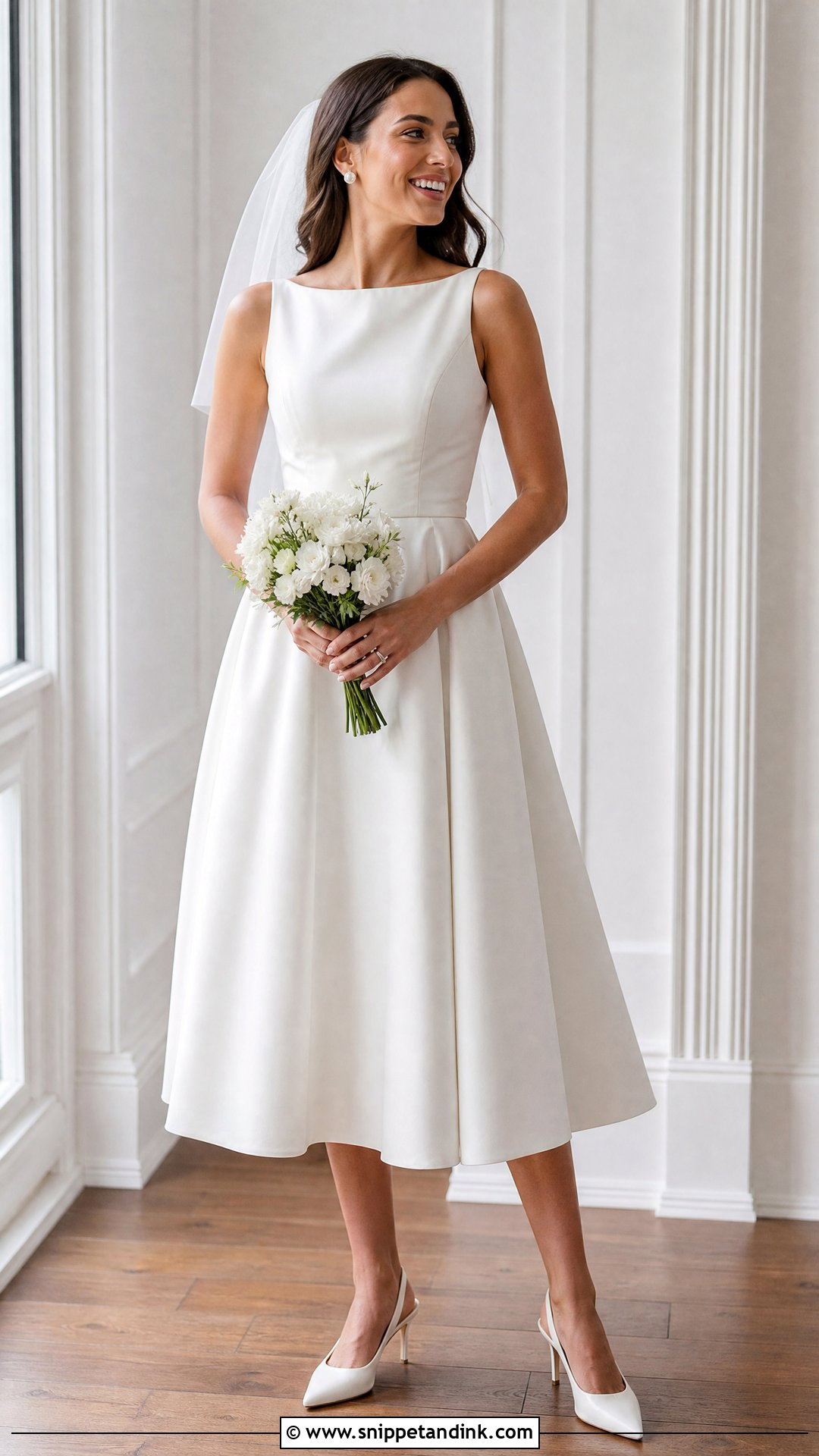Simple Tea Length A Line Wedding Dress With Slingback Heels - Snippet and Ink - 25 Simple a Line Wedding Dress Ideas