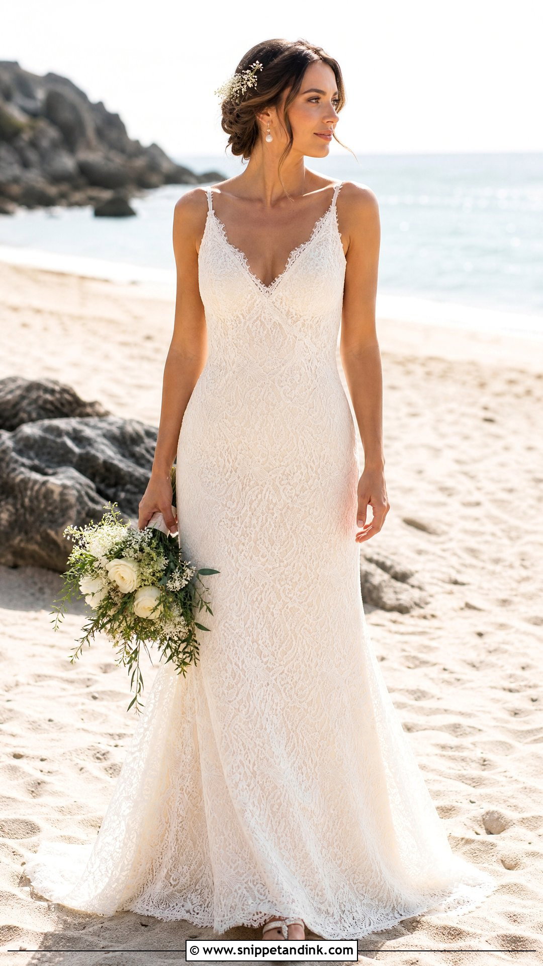Simple V Neck Lace Beach Wedding Dress - Snippet and Ink - 20 Simple Beach Wedding Dresses