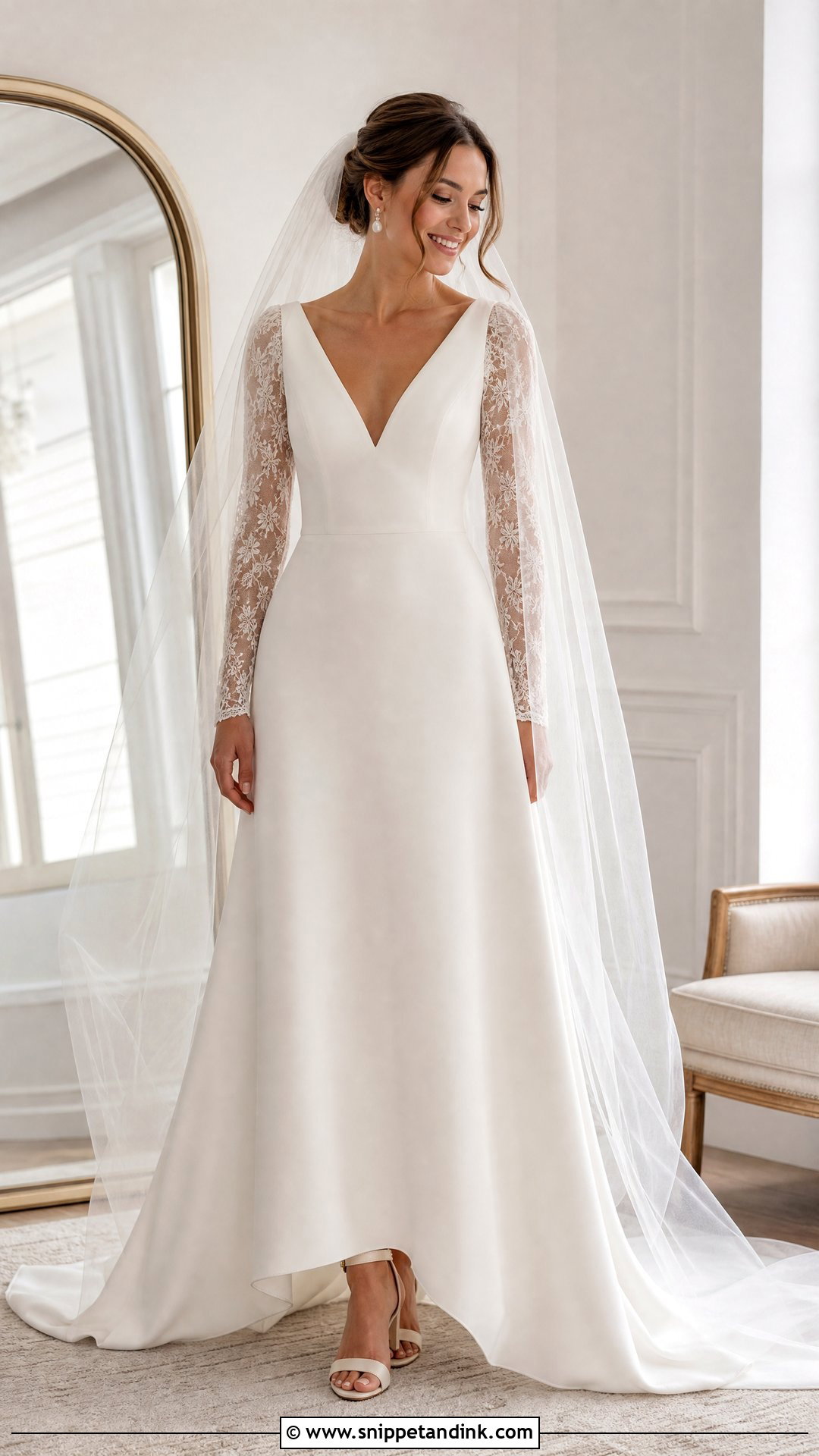 Simple V Neck Wedding Dress With Lace Sleeves - Snippet and Ink - 20 Simple Wedding Dresses with Sleeves