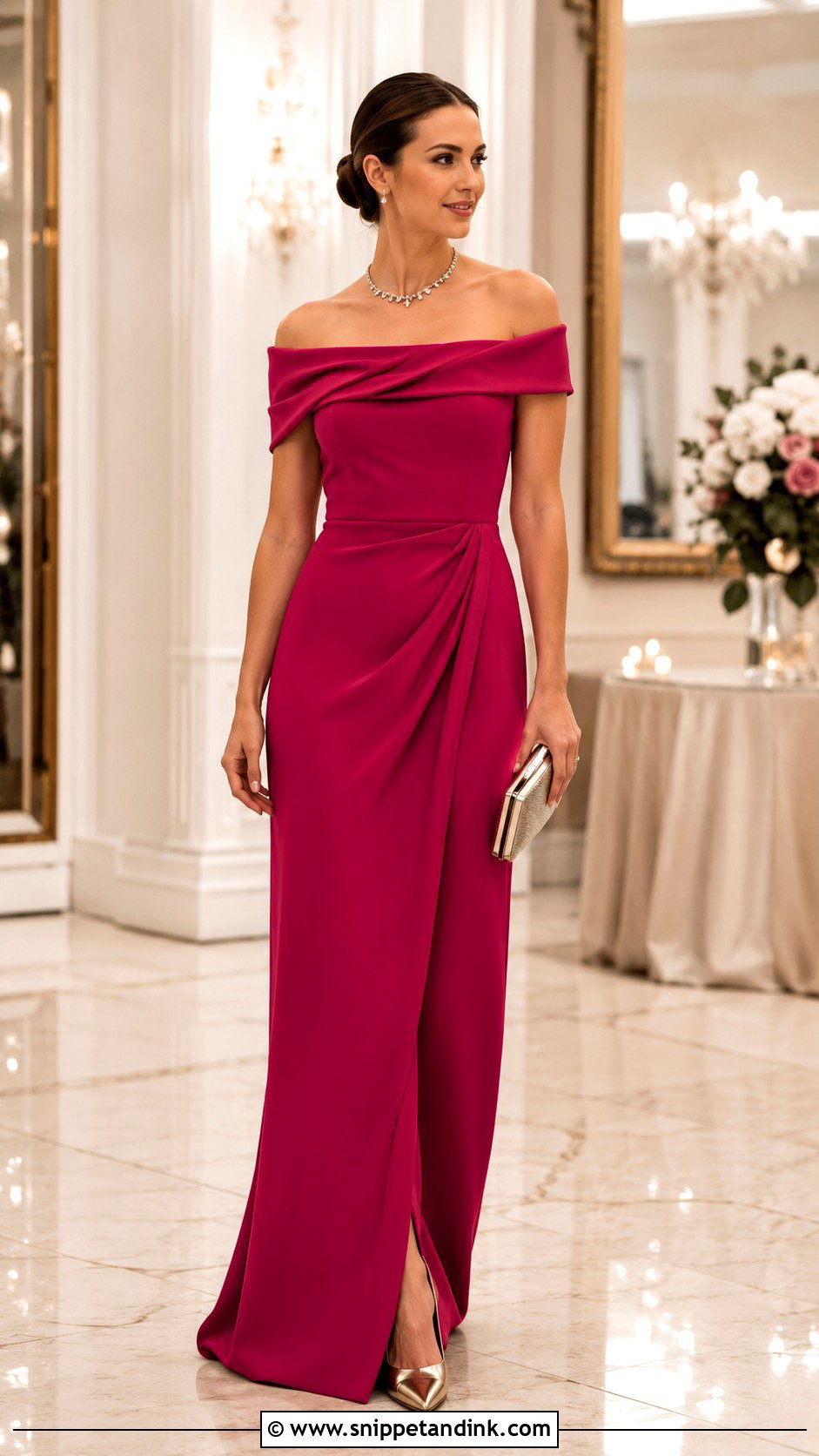 Sister Of The Bride Off Shoulder Crepe Gown - Snippet and Ink - 20 Bride Sister Wedding Outfit Ideas