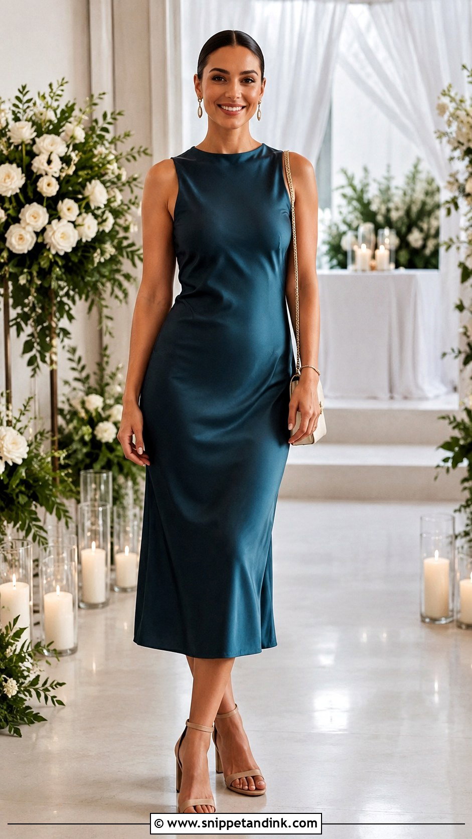 Sister Of The Bride Satin Midi Dress Outfit - Snippet and Ink - 25 Wedding Outfits for Family Members