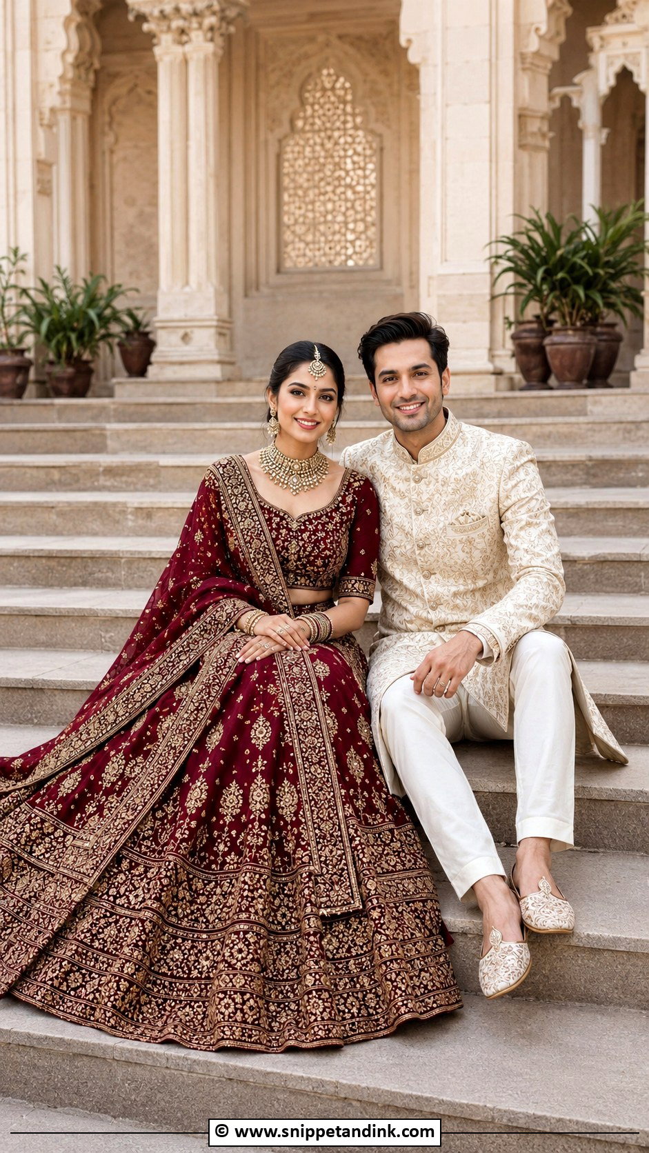 Sitting On Steps Couple Pose - Snippet and Ink - 25 Couple Poses in Traditional Wear Ideas