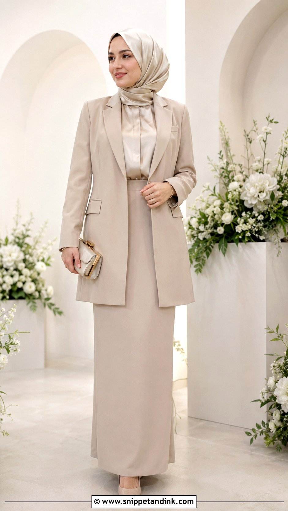Skirt Suit With Satin Hijab - Snippet and Ink - 30 Wedding Hijab Styles