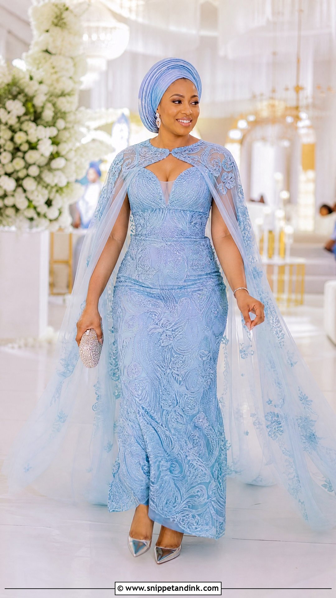 Sky Blue Aso Ebi Lace Cape Gown - Snippet and Ink - 20 Sky Blue Aso Ebi Lace Gown Styles