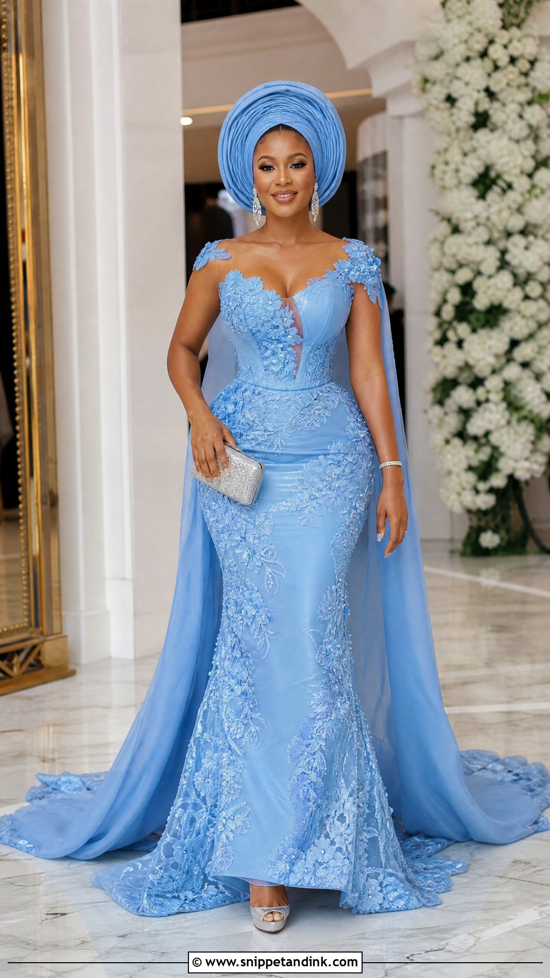 Sky Blue Aso Ebi Lace Gown With Train - Snippet and Ink - 20 Sky Blue Aso Ebi Lace Gown Styles