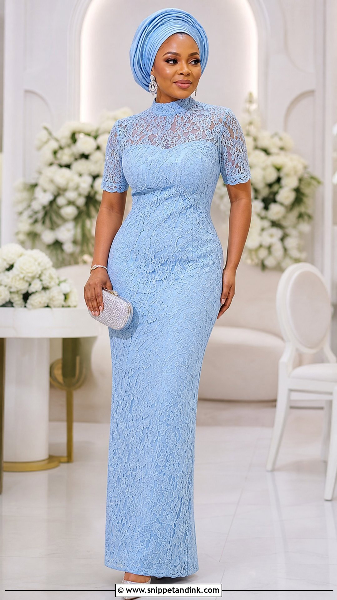 Sky Blue Aso Ebi Lace High Neck Gown - Snippet and Ink - 20 Sky Blue Aso Ebi Lace Gown Styles