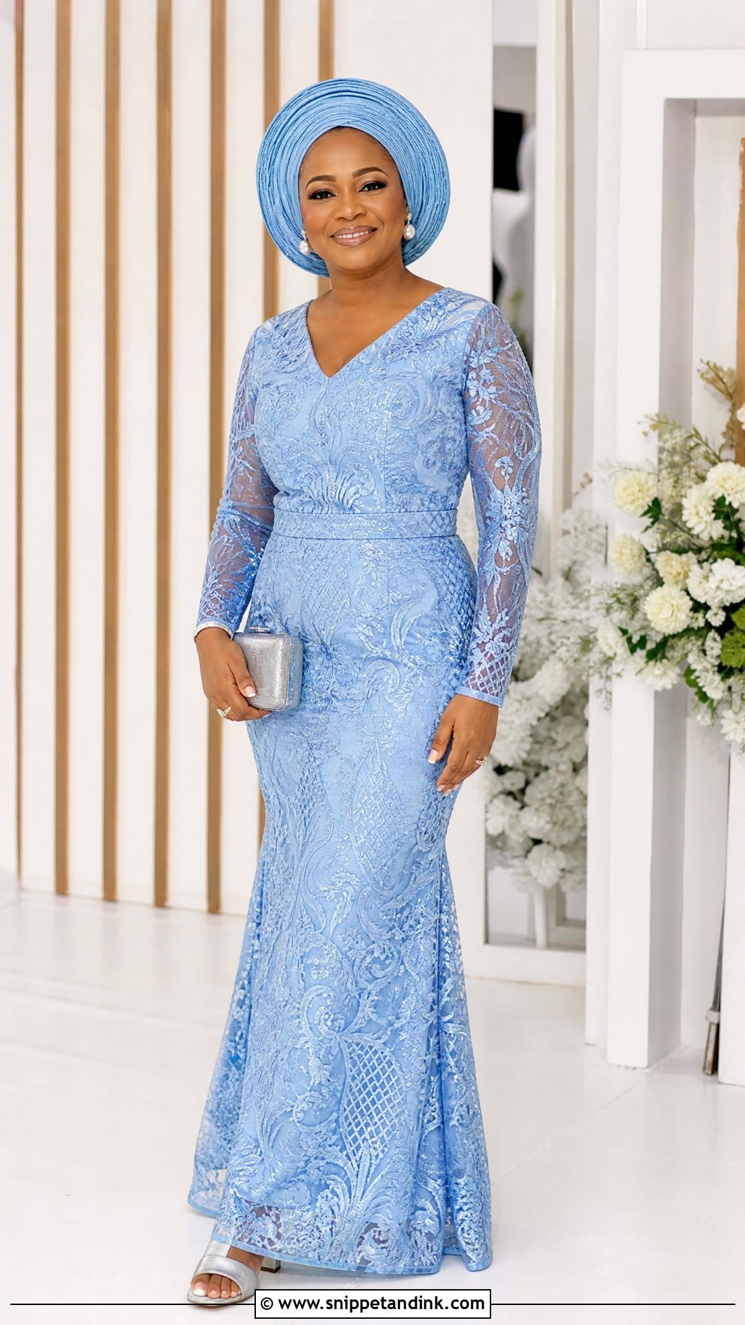 Sky Blue Aso Ebi Lace Long Sleeve Gown - Snippet and Ink - 20 Sky Blue Aso Ebi Lace Gown Styles