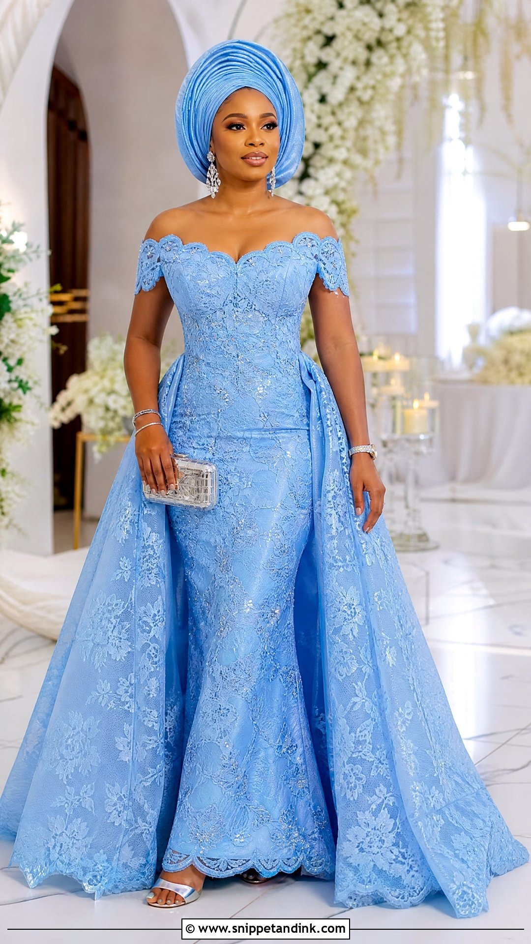 Sky Blue Aso Ebi Lace Off Shoulder Gown - Snippet and Ink - 20 Sky Blue Aso Ebi Lace Gown Styles