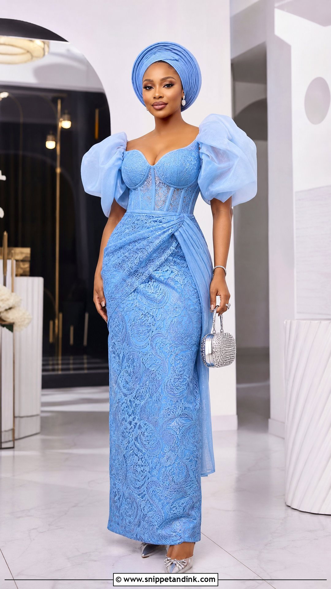 Sky Blue Aso Ebi Lace Puff Sleeve Gown - Snippet and Ink - 20 Sky Blue Aso Ebi Lace Gown Styles