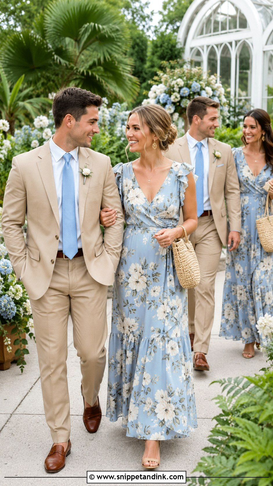 Sky Blue Floral Dresses With Tan Suits - Snippet and Ink - 20 Blue Wedding Party Attire Ideas