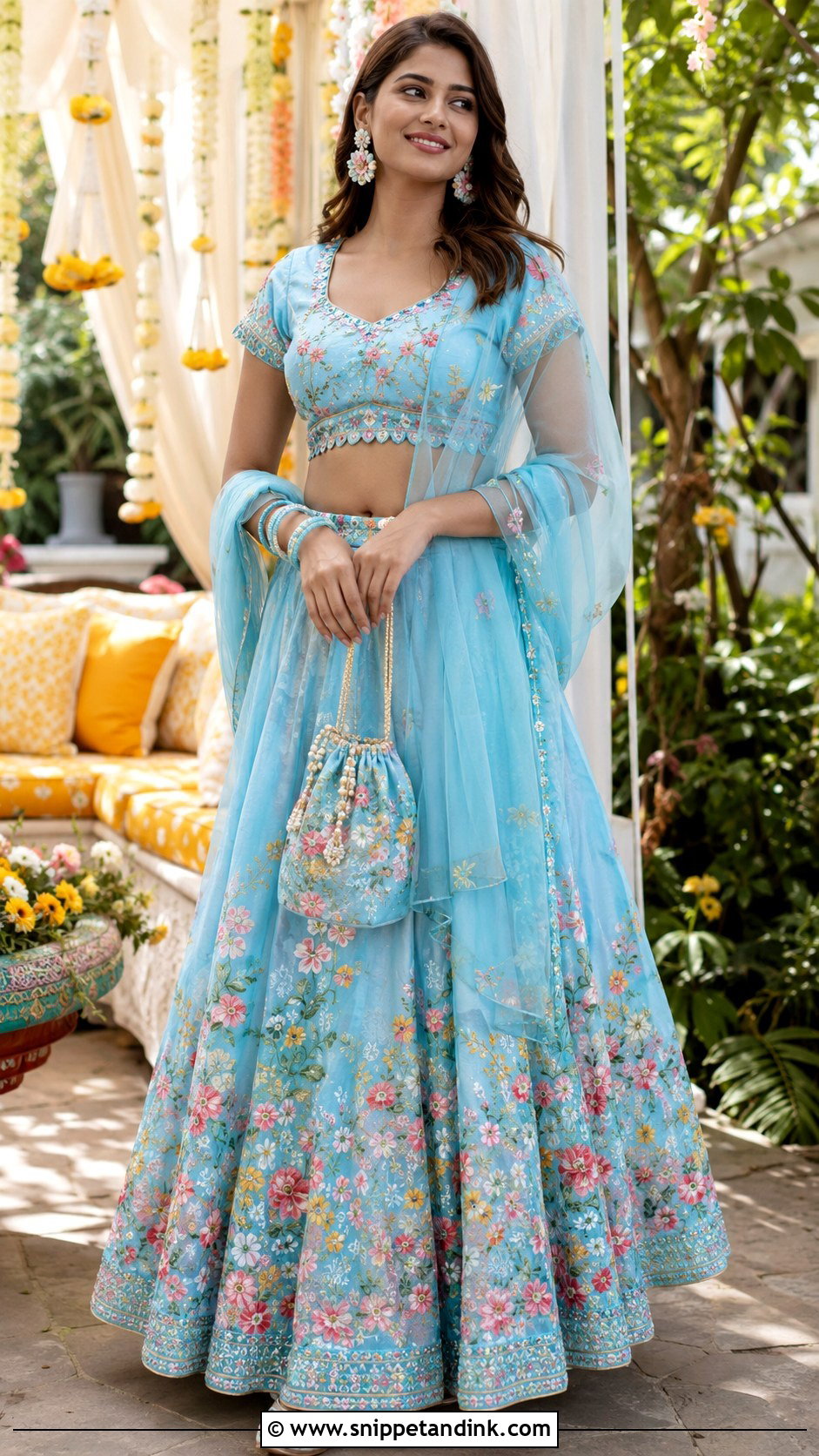 Sky Blue Floral Lehenga For Indian Wedding - Snippet and Ink - 20 Blue Indian Wedding Dress Ideas
