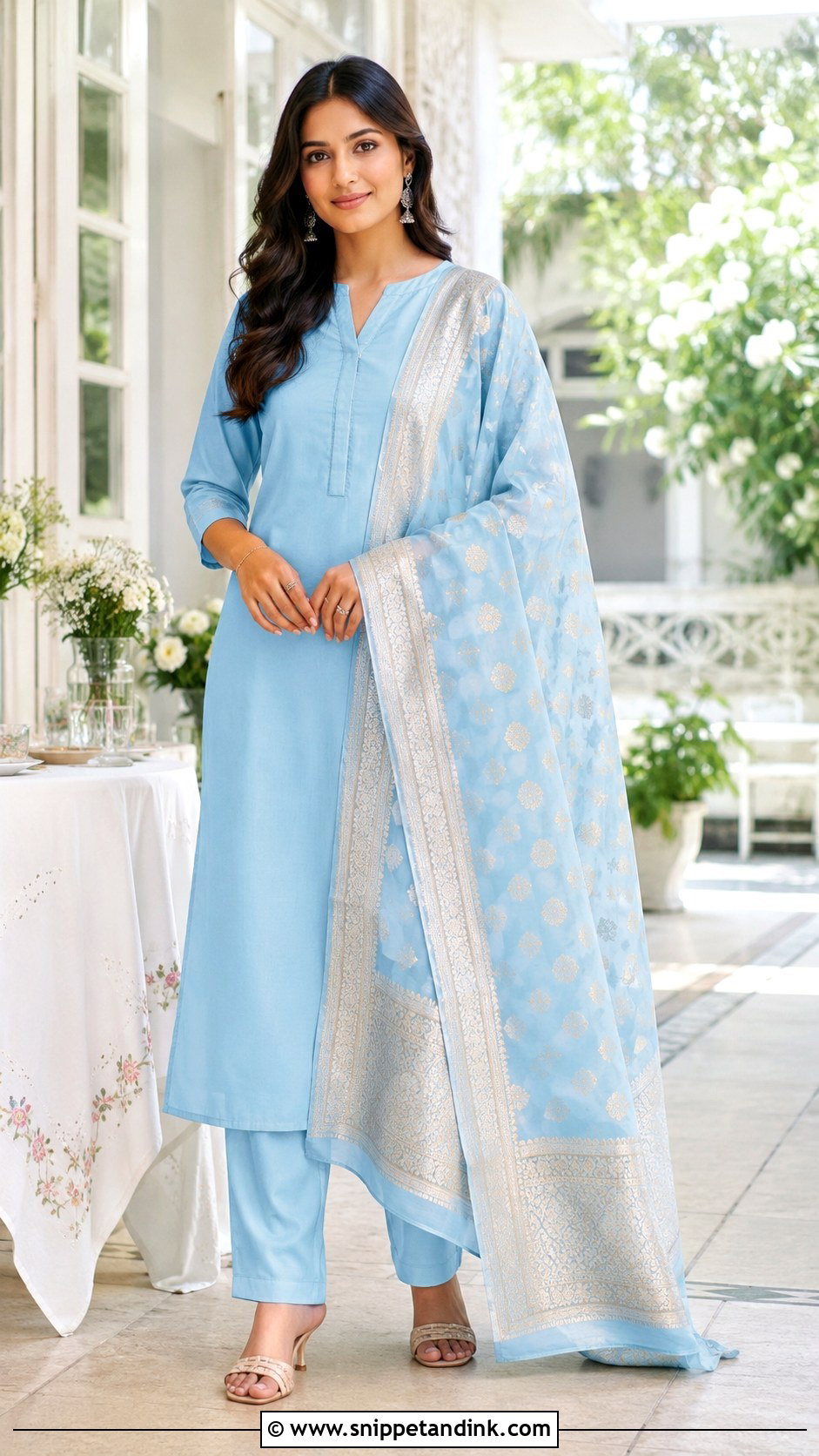 Sky Blue Plain Suit With Heavy Chanderi Dupatta - Snippet and Ink - 30 Plain Suit with Heavy Dupatta Ideas