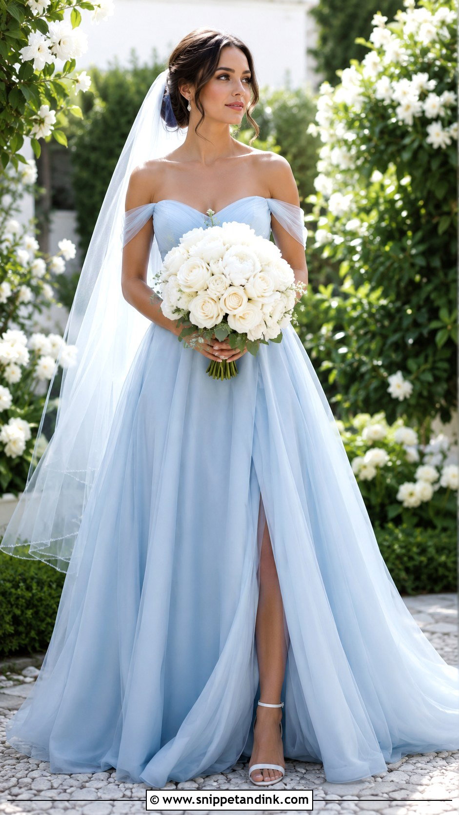 Sky Blue Wedding Dress With White Bouquet - Snippet and Ink - 25 Sky Blue Wedding Dress Ideas