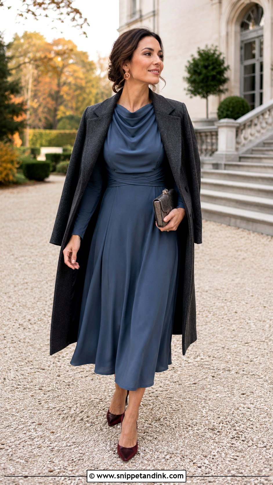 Slate Blue Long Sleeve Midi Wedding Outfit - Snippet and Ink - 20 Blue Wedding Outfit Ideas