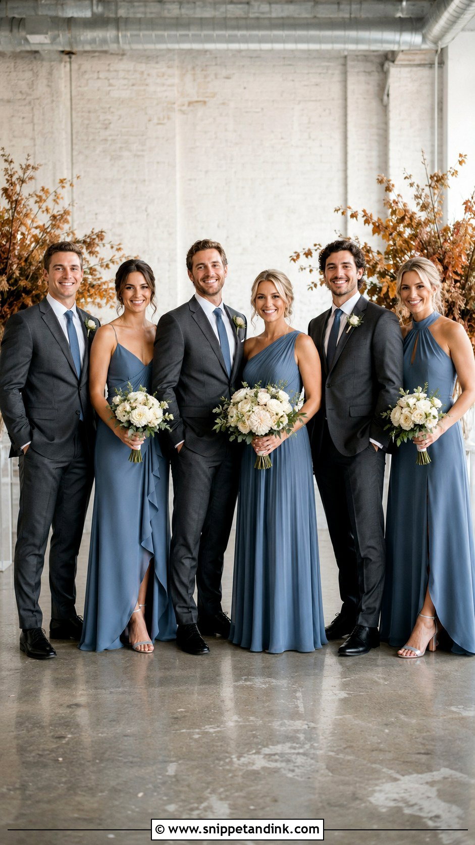 Slate Blue Mismatched Dresses With Charcoal Suits - Snippet and Ink - 20 Blue Wedding Party Attire Ideas