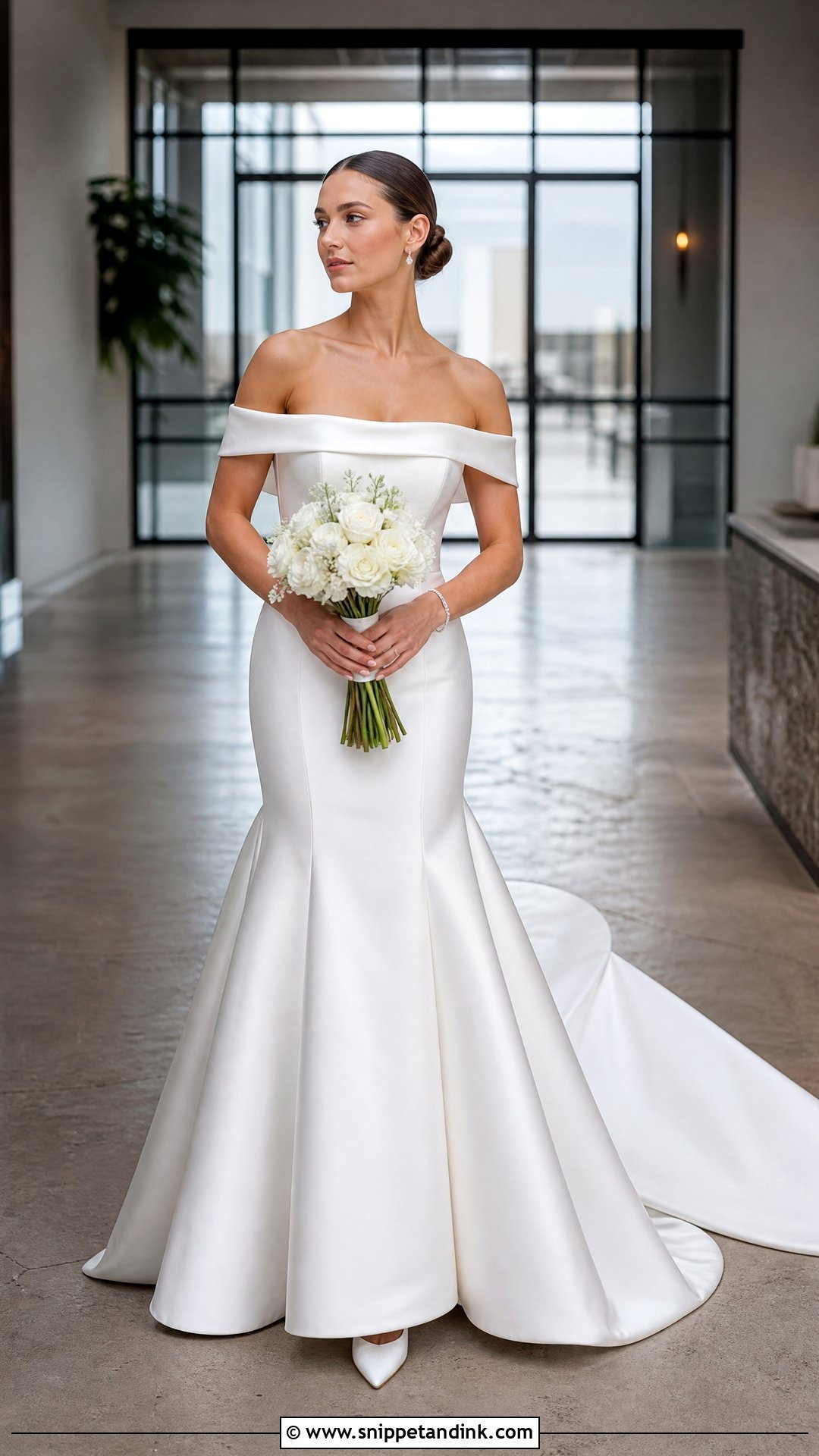 Sleek Low Bun for Off the Shoulder Wedding Dress - Snippet and Ink - 25 Off the Shoulder Wedding Dress Hairstyle Ideas