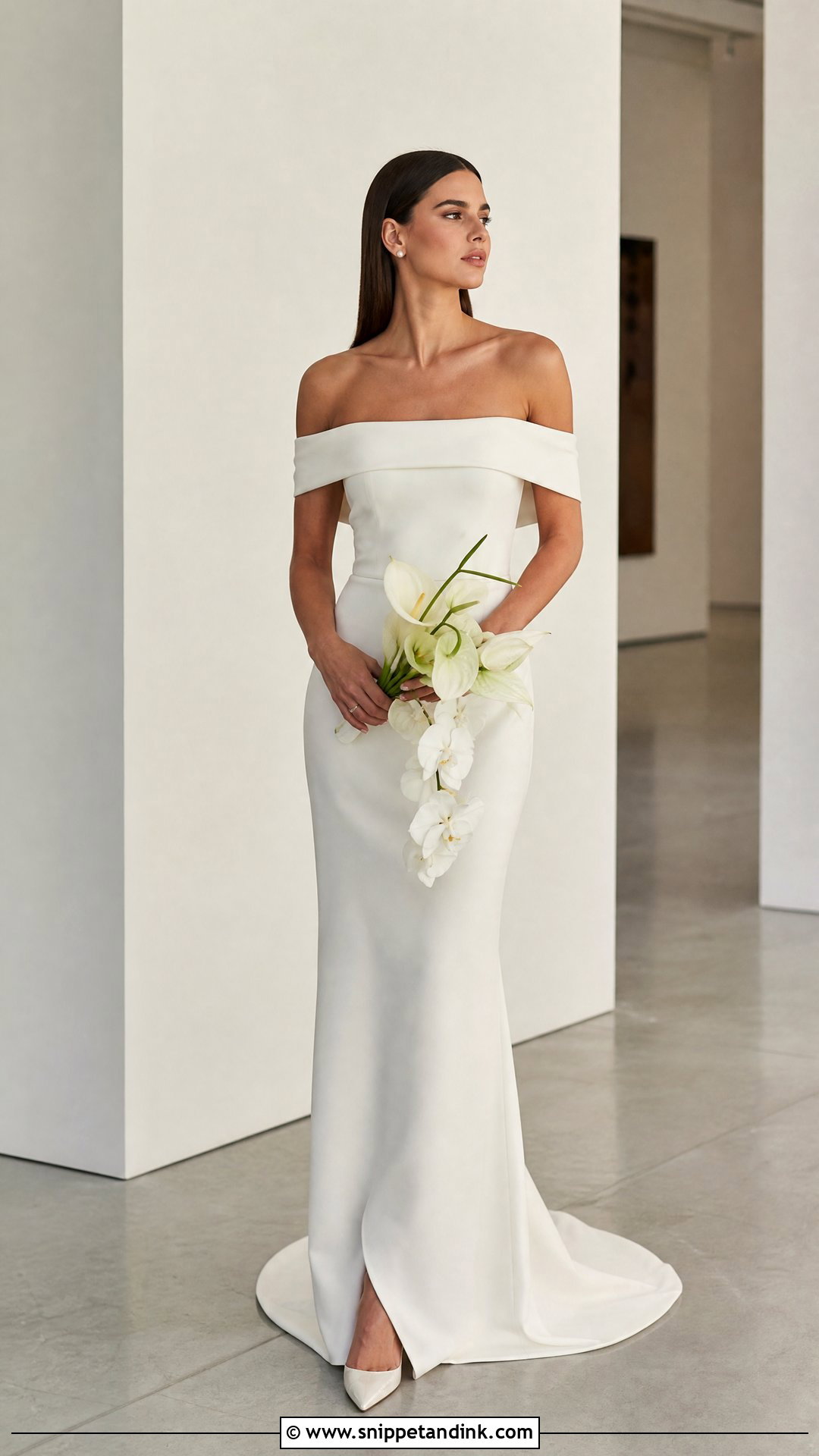 Sleek Straight Hair for Off the Shoulder Wedding Dress - Snippet and Ink - 25 Off the Shoulder Wedding Dress Hairstyle Ideas