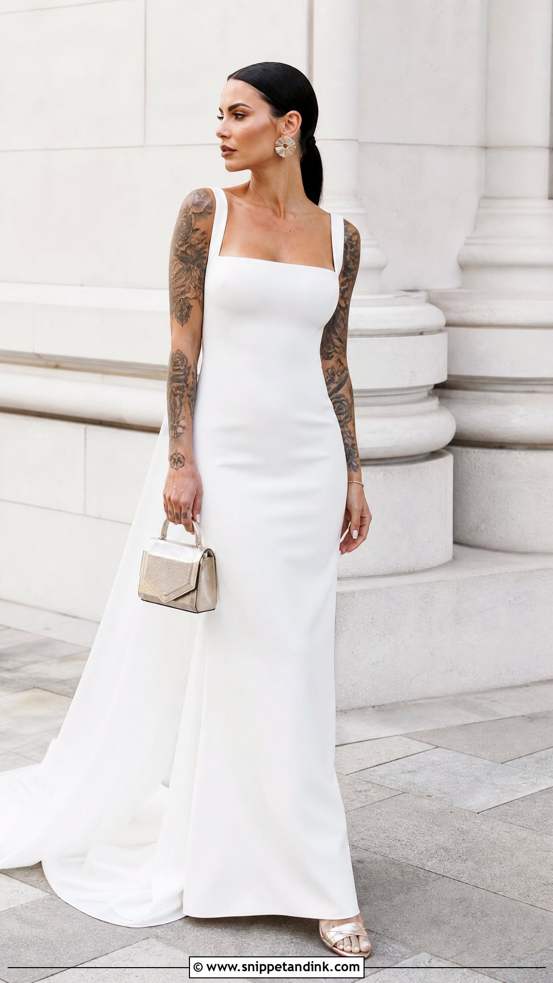 Sleeveless Crepe Wedding Dress With Arm Tattoos - Snippet and Ink - 20 Wedding Dress with Tattoos Brides Ideas