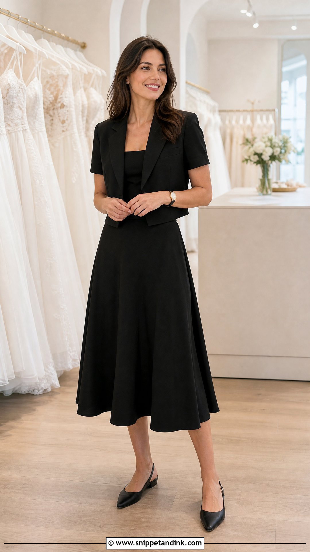 Sleeveless Midi Dress And Cropped Blazer Outfit - Snippet and Ink - 20 Bridal Stylist Work Outfit Ideas