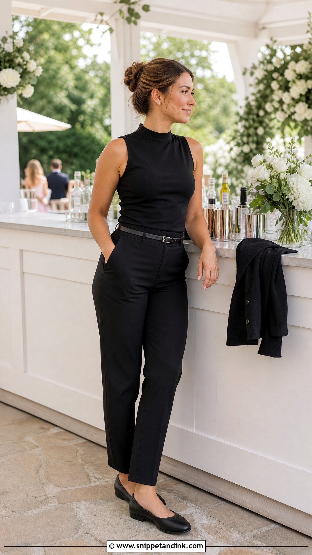 Sleeveless Top And Tailored Pants Wedding Bartender Outfit - Snippet and Ink - 20 Wedding Bartender Outfit Ideas