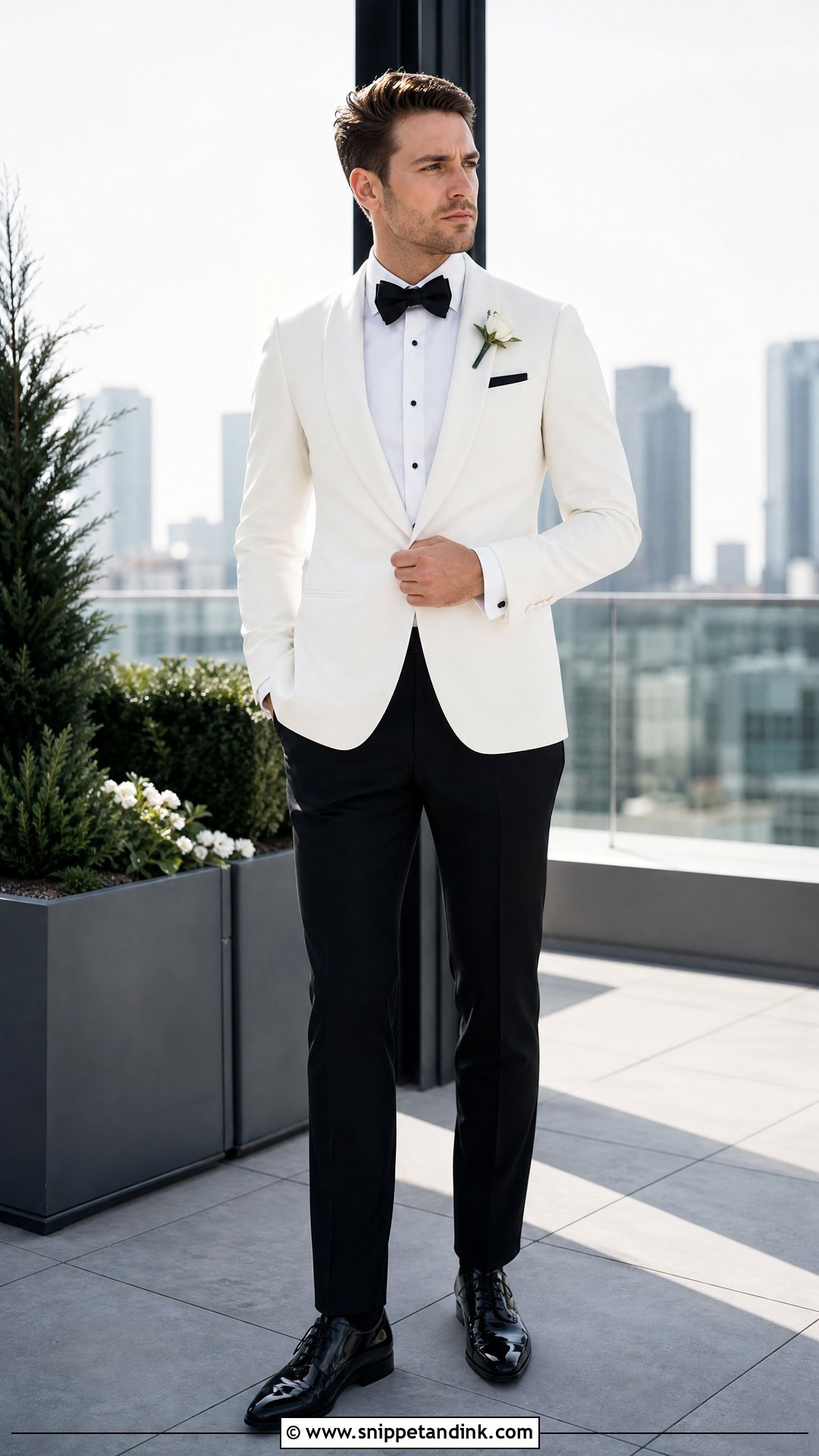 Slim Fit White Dinner Jacket Wedding Outfit - Snippet and Ink - 20 White Dinner Jacket Wedding Ideas