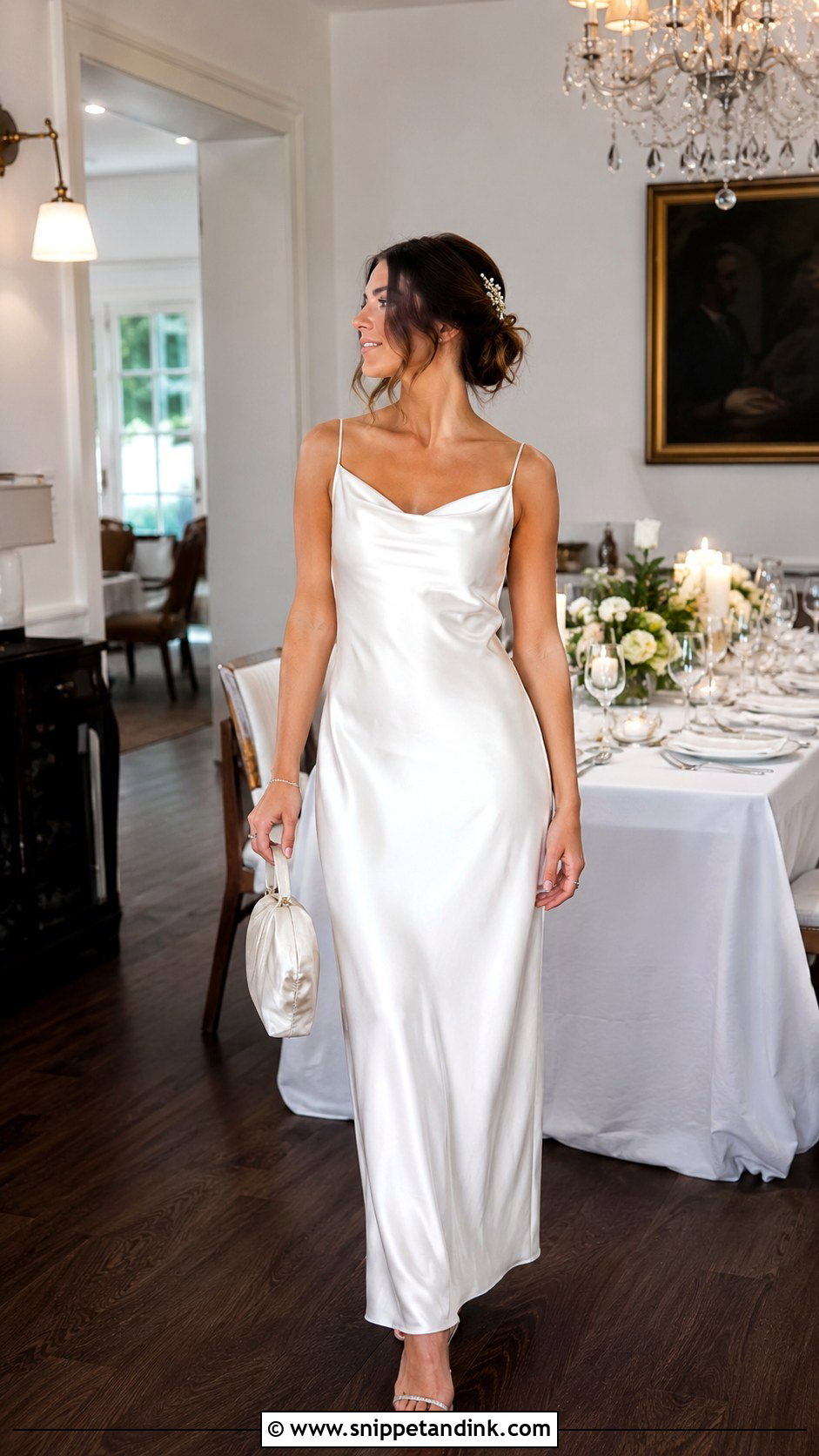 Slip Midi Bridal Dress With Strappy Sandals and Crystal Hair Clip - Snippet and Ink - 20 Little White Bridal Dress Ideas