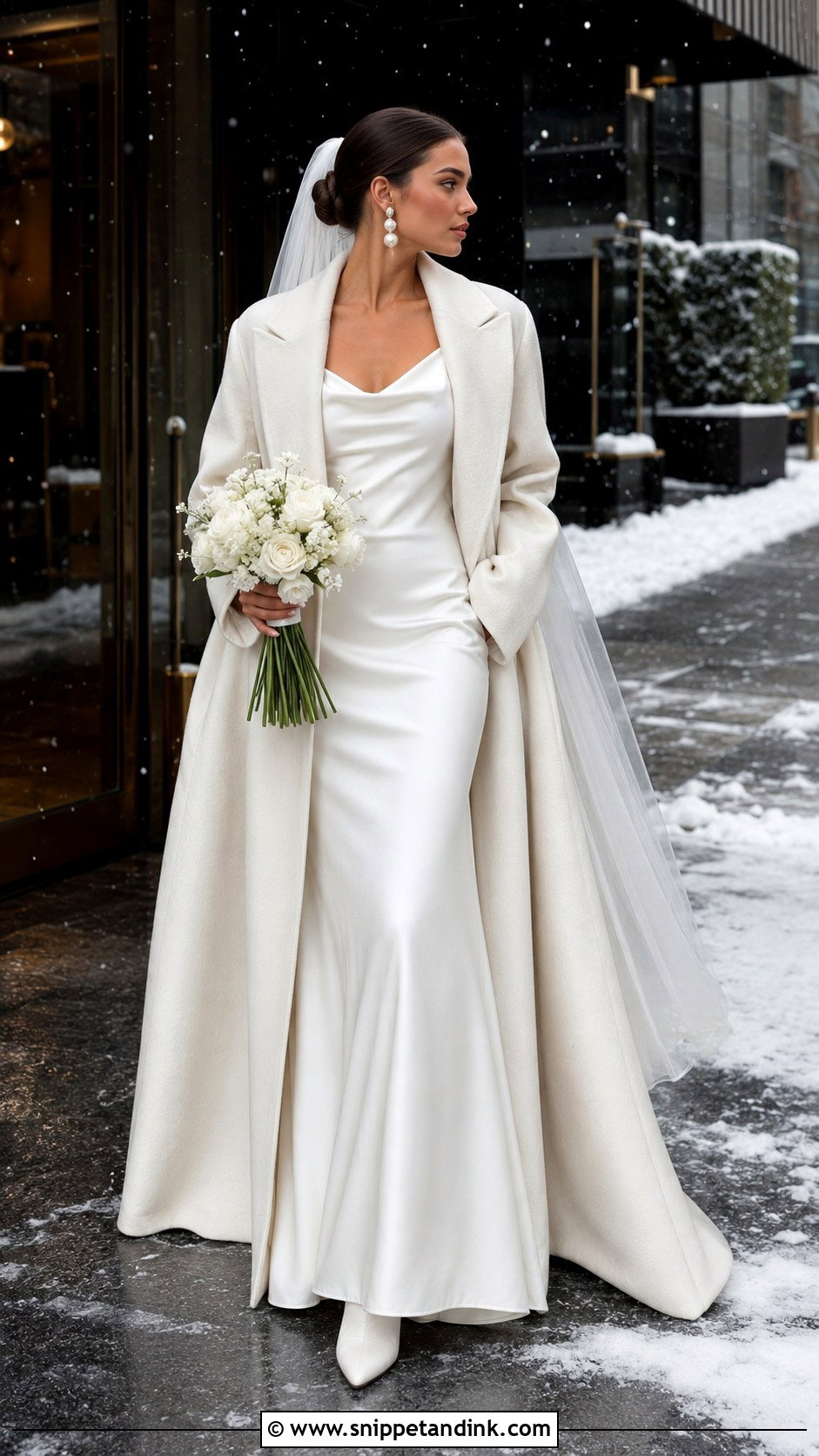 Slip Snow Wedding Dress With Wool Coat - Snippet and Ink - 20 Snow Wedding Dress Ideas