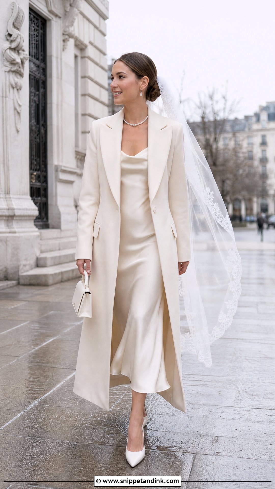 Slip Town Hall Wedding Dress With Long Coat - Snippet and Ink - 20 Town Hall Wedding Dress Ideas