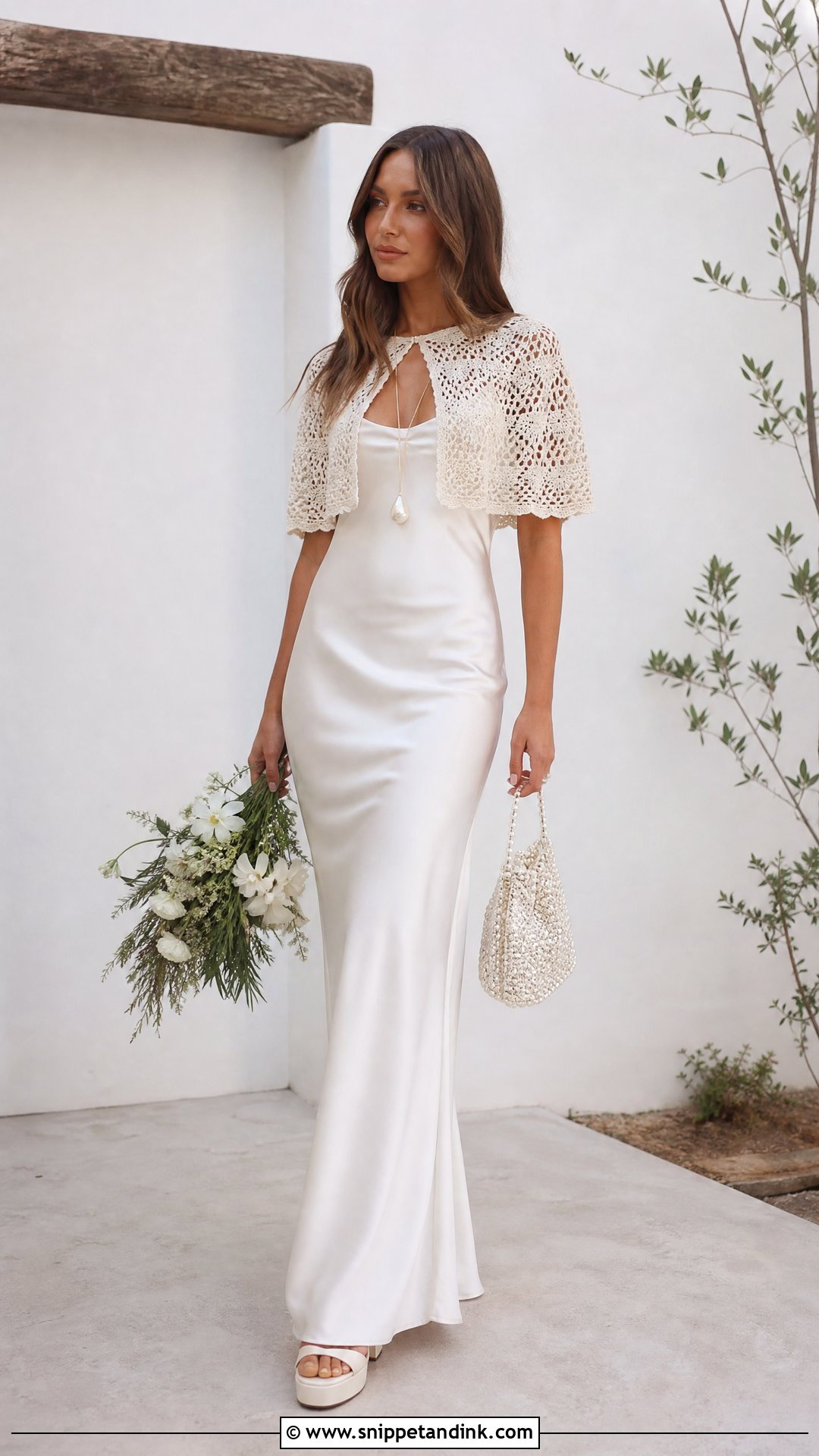 Slip Wedding Dress With Crochet Cape - Snippet and Ink - 25 70s Style Wedding Dress Ideas