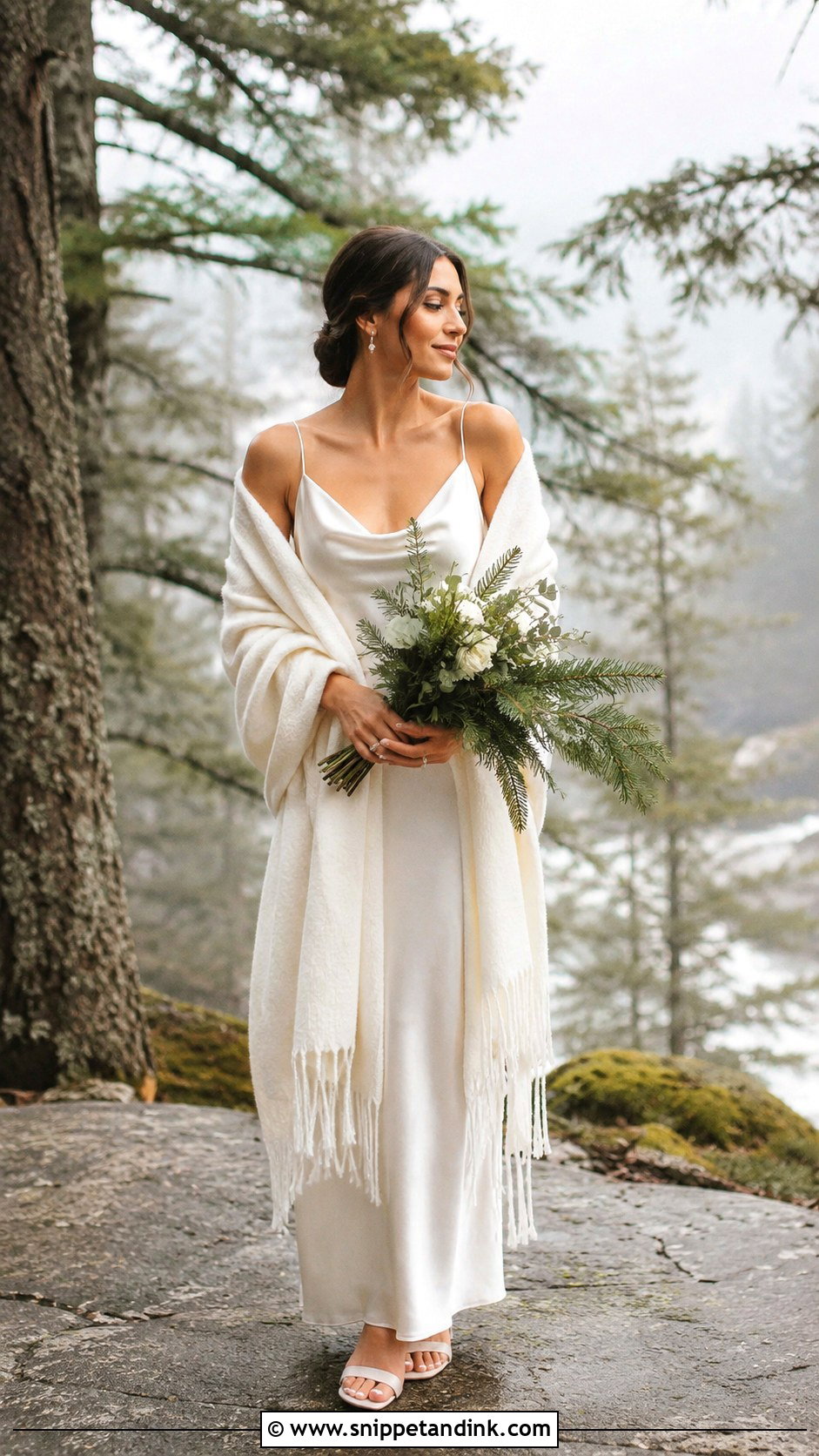 Slip Wedding Dress With Oversized Bridal Shawl - Snippet and Ink - 25 Woodsy Wedding Dress Ideas