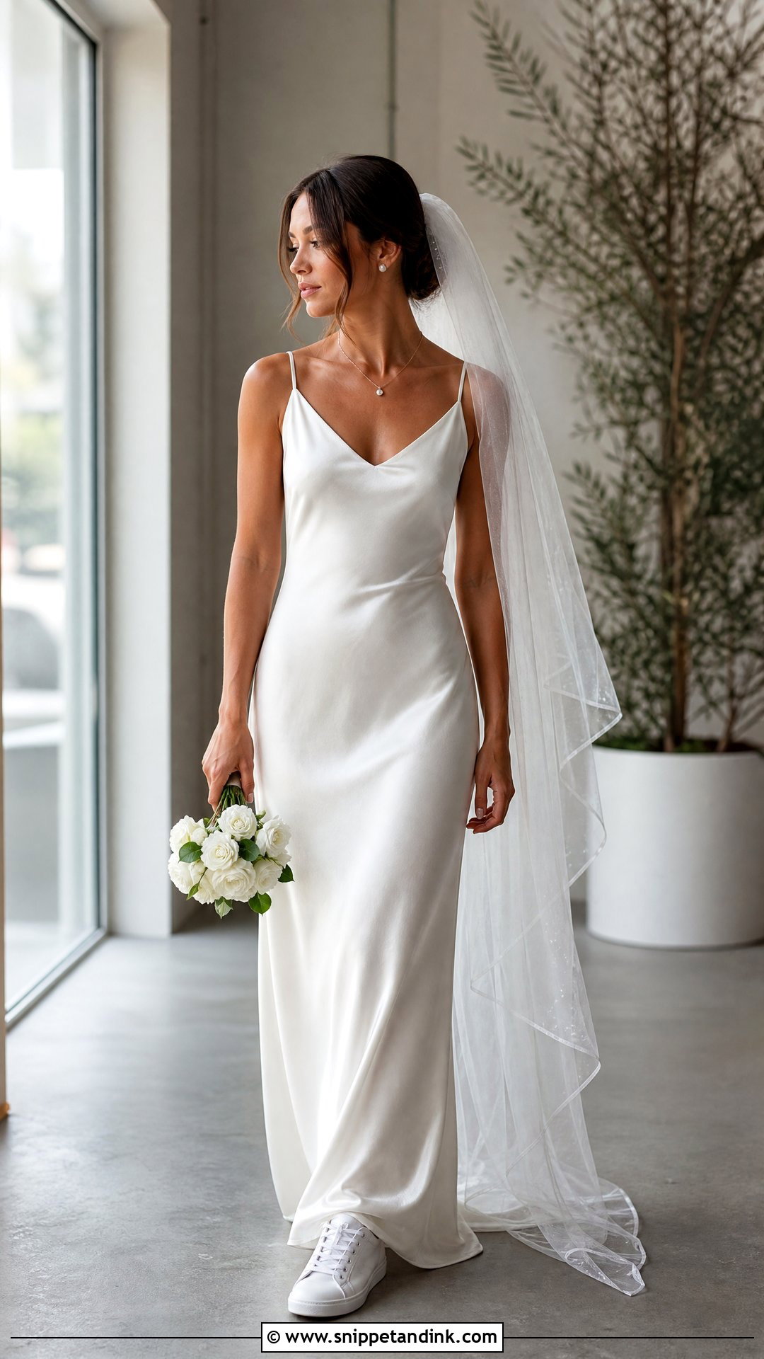 Slip Wedding Dress With White Leather Sneakers - Snippet and Ink - 20 Wedding Dress Sneakers Ideas