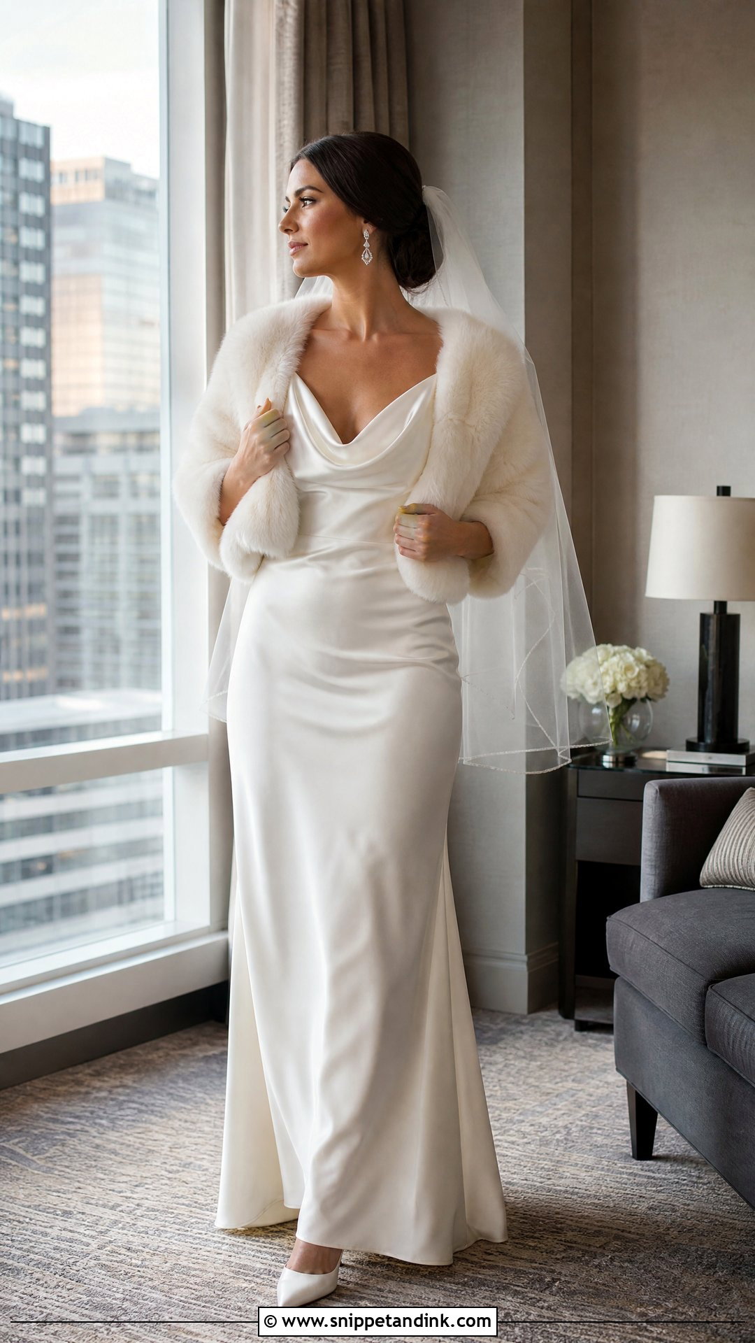 Slip Winter Wedding Dress With Faux Fur Wrap - Snippet and Ink - 20 Simple Winter Wedding Dress Ideas