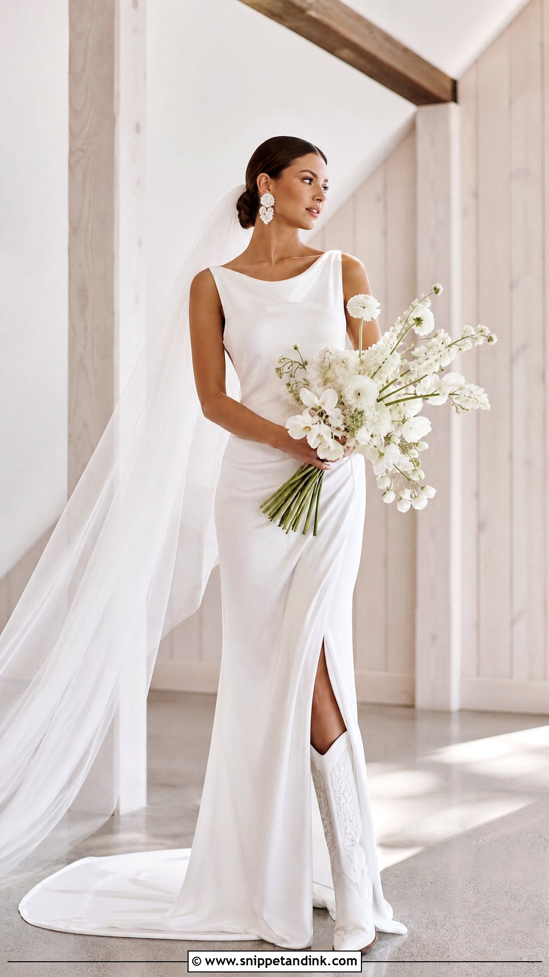 Snip Toe Cowgirl Boots With Column Wedding Dress - Snippet and Ink - 20 Wedding Cowgirl Boots for Bride Ideas