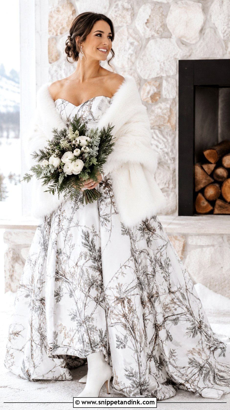 Snow Camo Wedding Dress With Faux Fur Wrap - Snippet and Ink - 25 Camo Wedding Dress Ideas