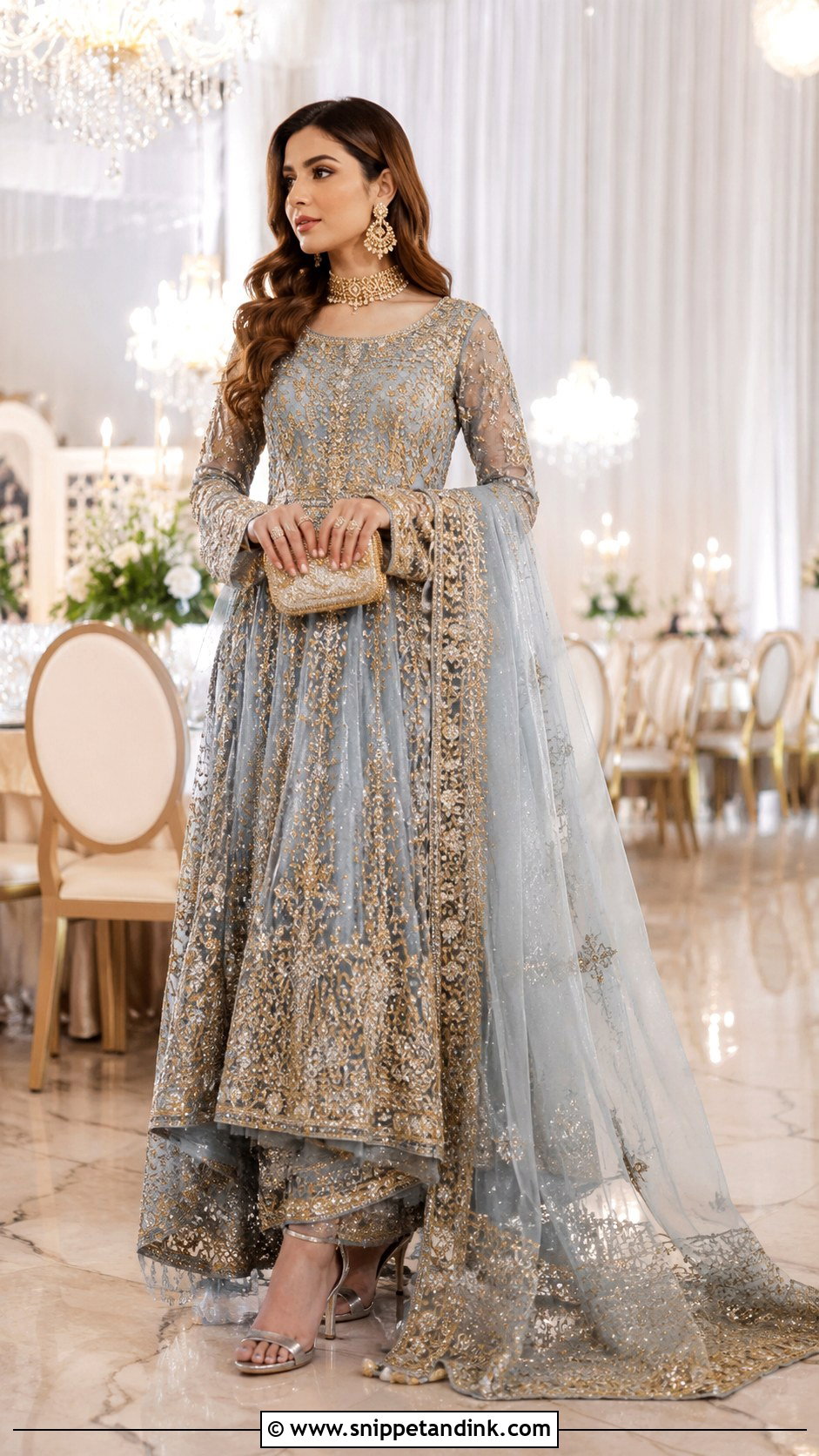 Soft Blue And Gold Walima Bridal Dress - Snippet and Ink - 30 Walima Bridal Look Ideas
