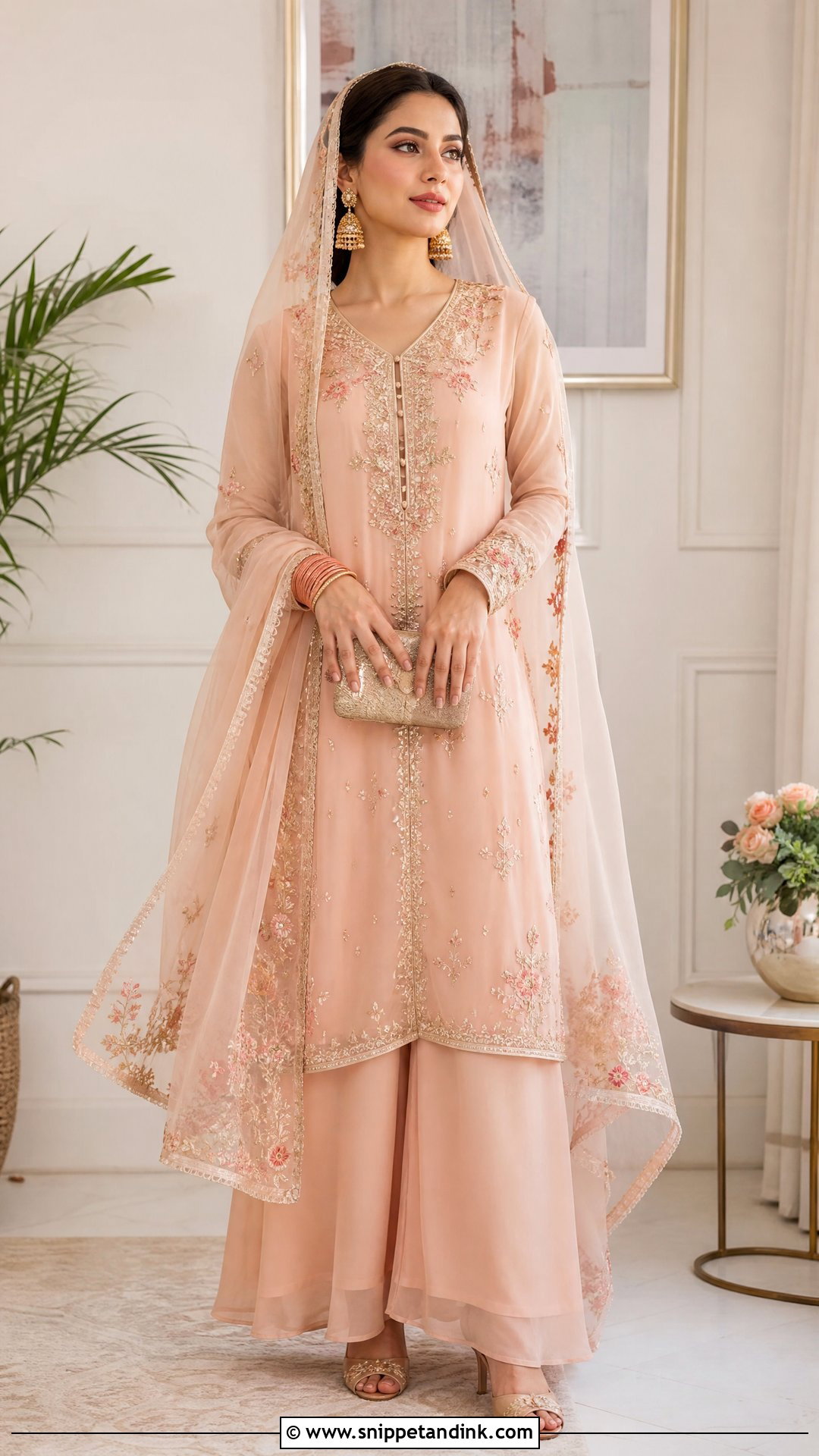 Soft Coral Pastel Nikkah Kurta And Palazzo - Snippet and Ink - 20 Pastel Nikkah Outfit Ideas