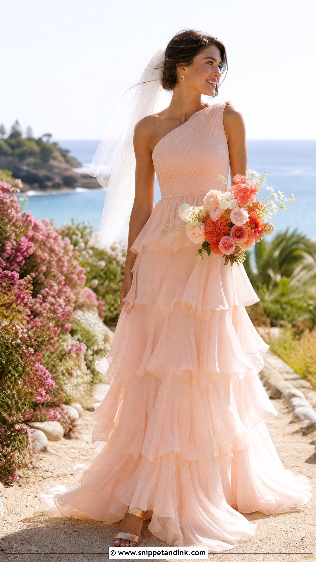 Soft Coral Ruffle Wedding Dress - Snippet and Ink - 20 Pastel Wedding Dresses