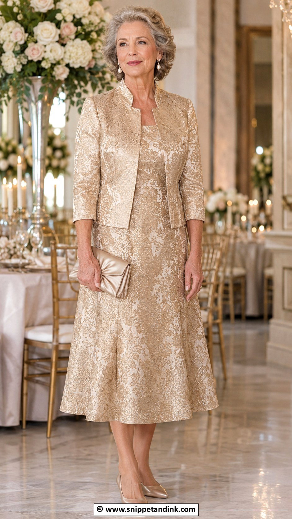 Soft Gold Brocade Dress Outfit - Snippet and Ink - 25 Grandma Wedding Outfit Ideas
