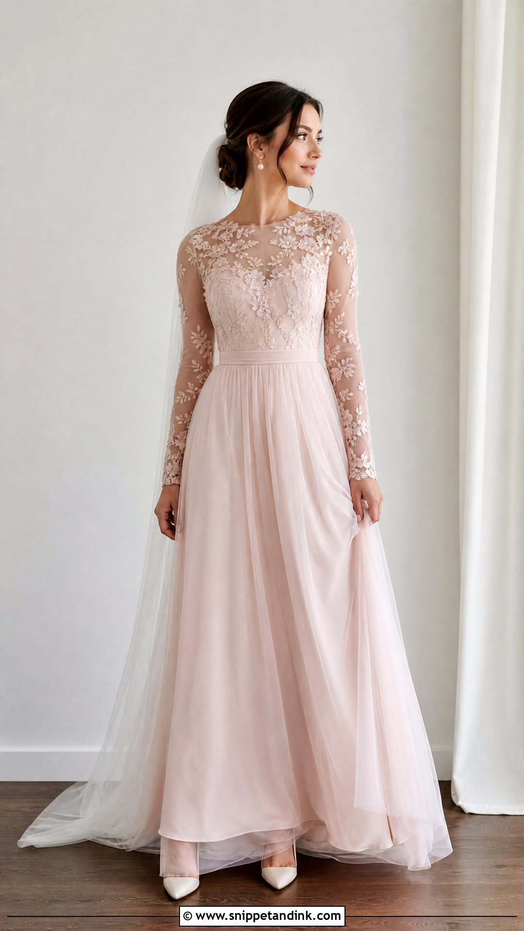 Soft Pink Long Sleeve Wedding Dress - Snippet and Ink - 25 Soft Pink Wedding Dress Ideas